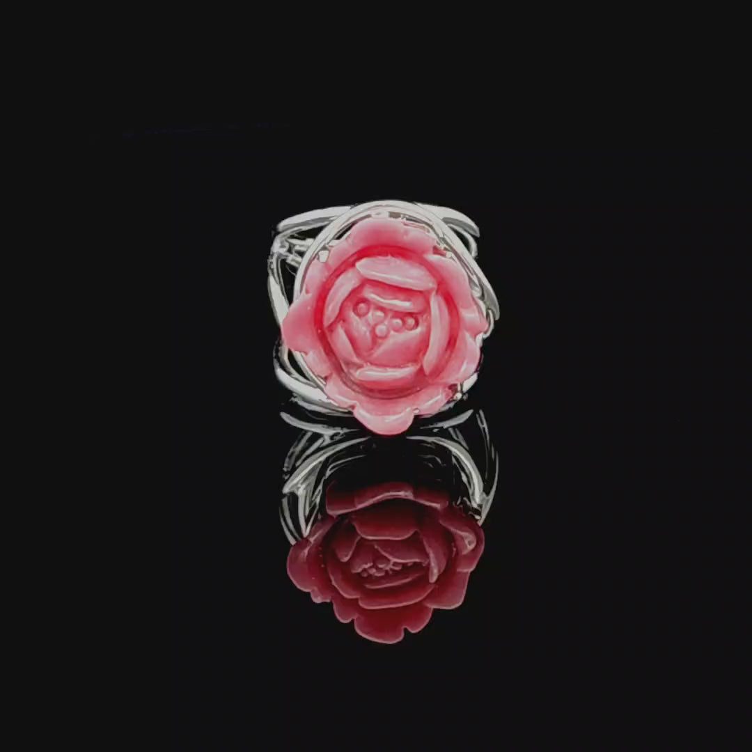 Rhodonite Flower Finger Cuff Adjustable Ring .925 Sterling Silver for Attracting Love, Harmonizing Relationships and Knowing your Worth
