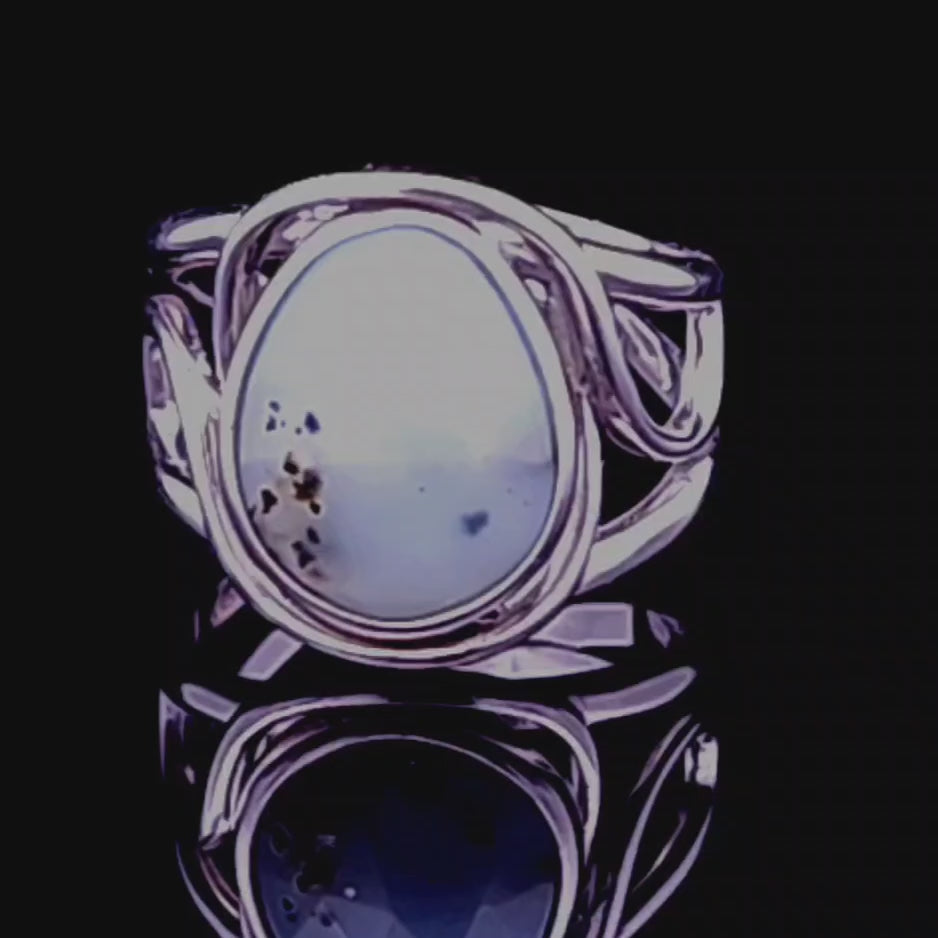 Dendritic Blue Opal Finger Cuff Adjustable Ring .925 Silver for Calming the Mind and Peaceful Communication