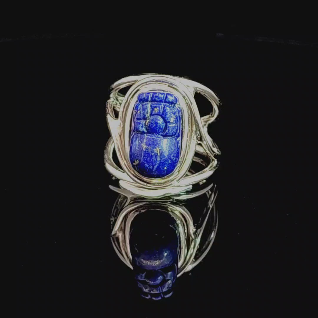 Lapis Lazuli Pixiu Finger Cuff Adjustable Ring .925 Silver for Power & Confidence