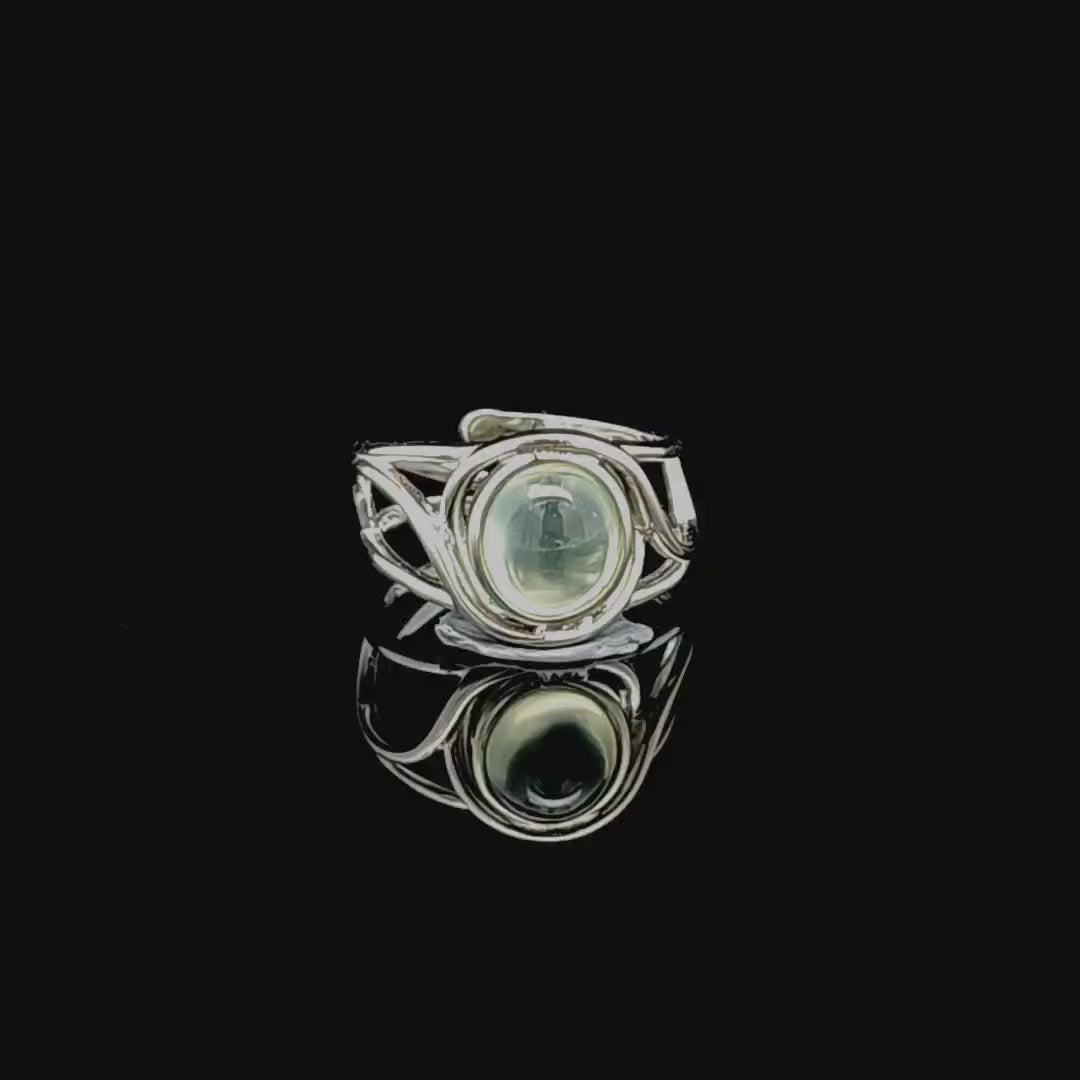 Prehnite Finger Cuff Adjustable Ring .925 Silver for Heart Healing and Rejuvenation