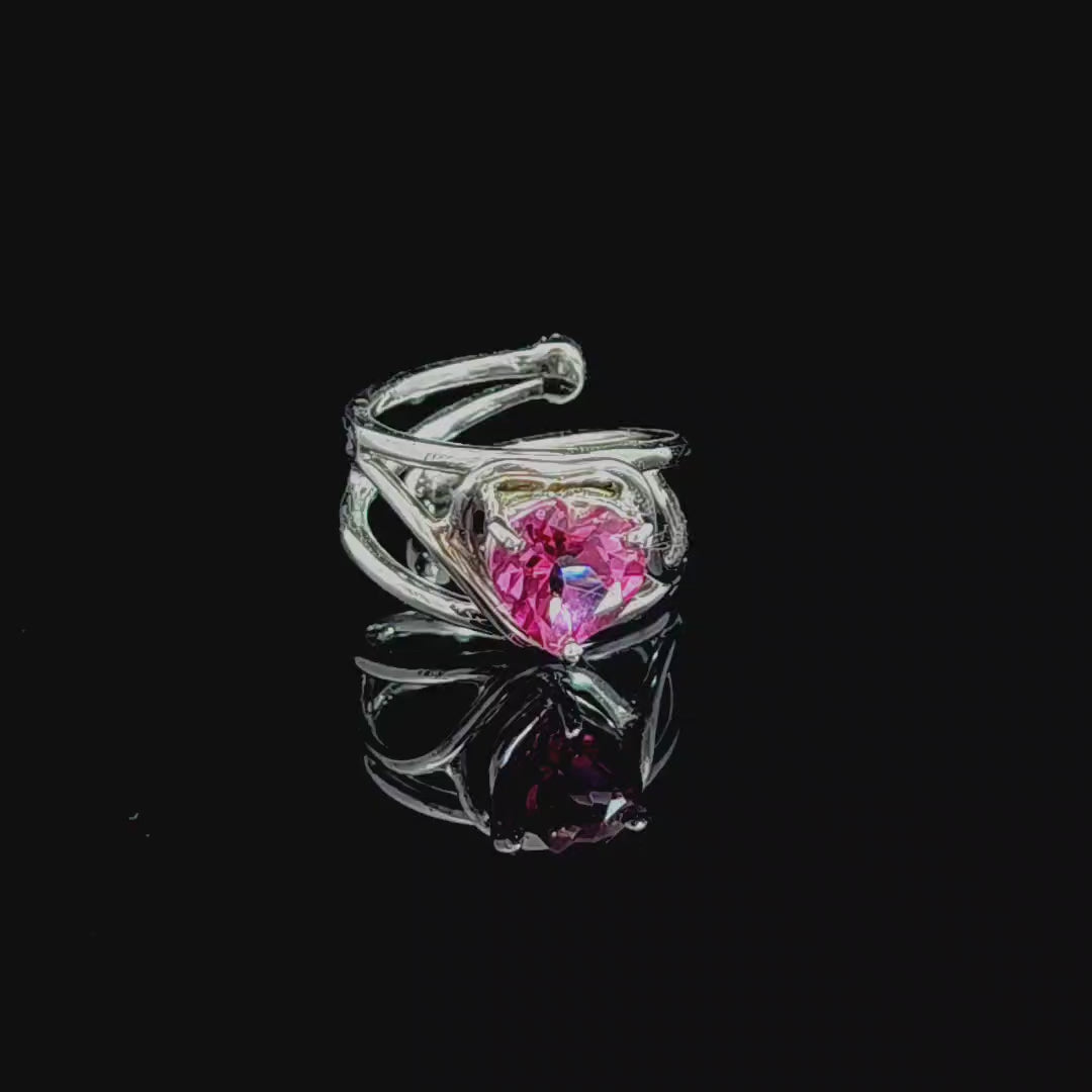 Pink Topaz Heart Finger Cuff Adjustable Ring .925 Silver for Attracting Love and Healthy Relationships