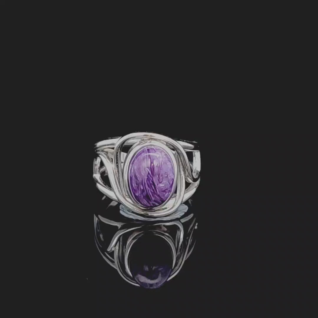Charoite Finger Cuff Adjustable Ring .925 Silver for Enhancing your Intuitive Gifts and Spiritual Transformation