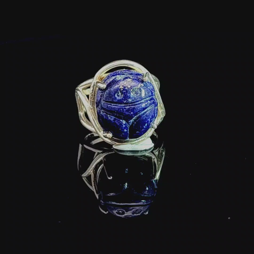 Lapis Lazuli Scarab Finger Cuff Adjustable Ring .925 Sterling Silver for Intuition, Personal Power and Confidence
