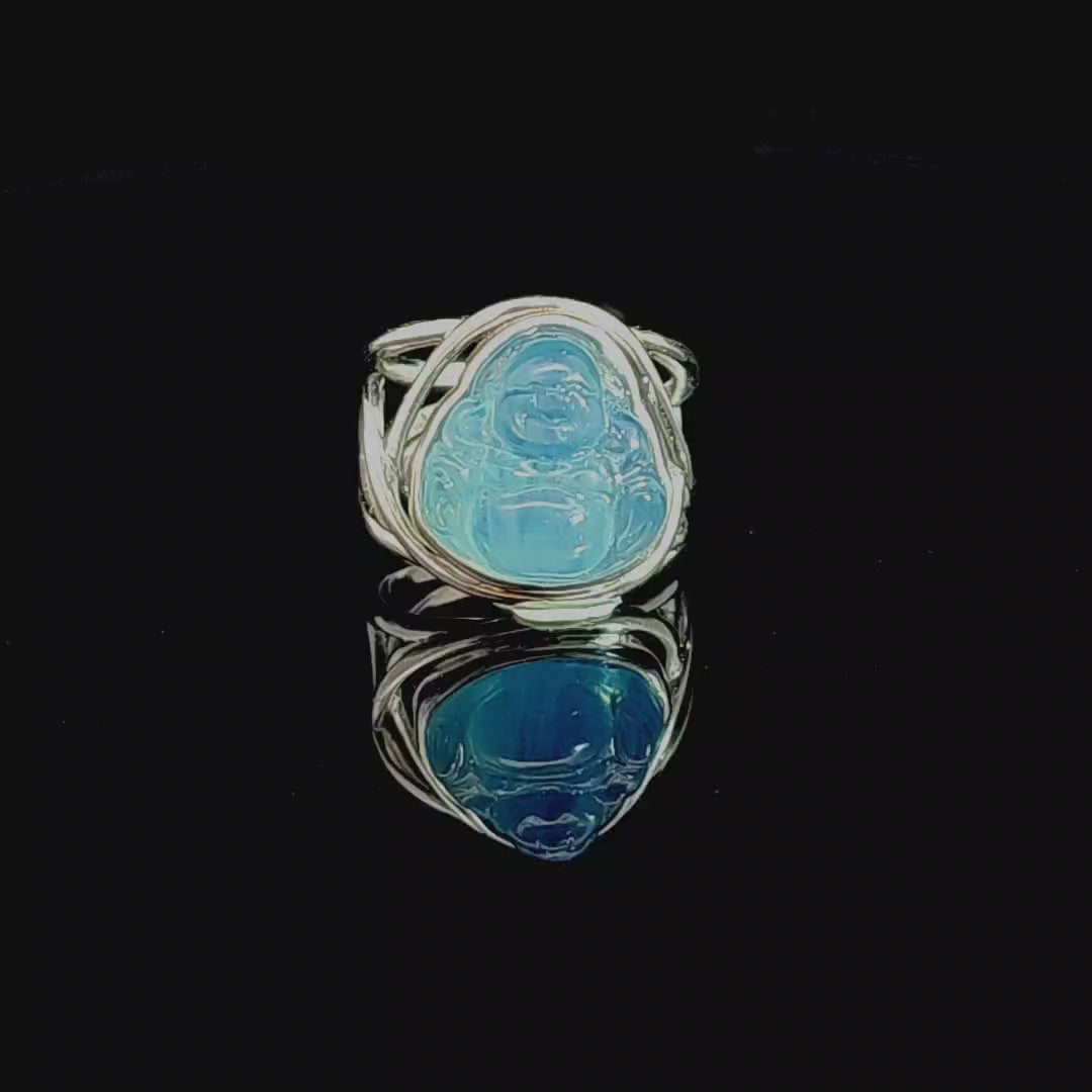 Aquamarine Buddha Finger Cuff Adjustable Ring .925 Silver for Peaceful Travels and Protection