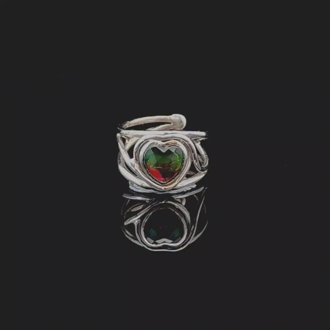 Ammolite Heart Finger Cuff Adjustable Ring .925 Silver for Transformation and Boosting your Life Force Energy