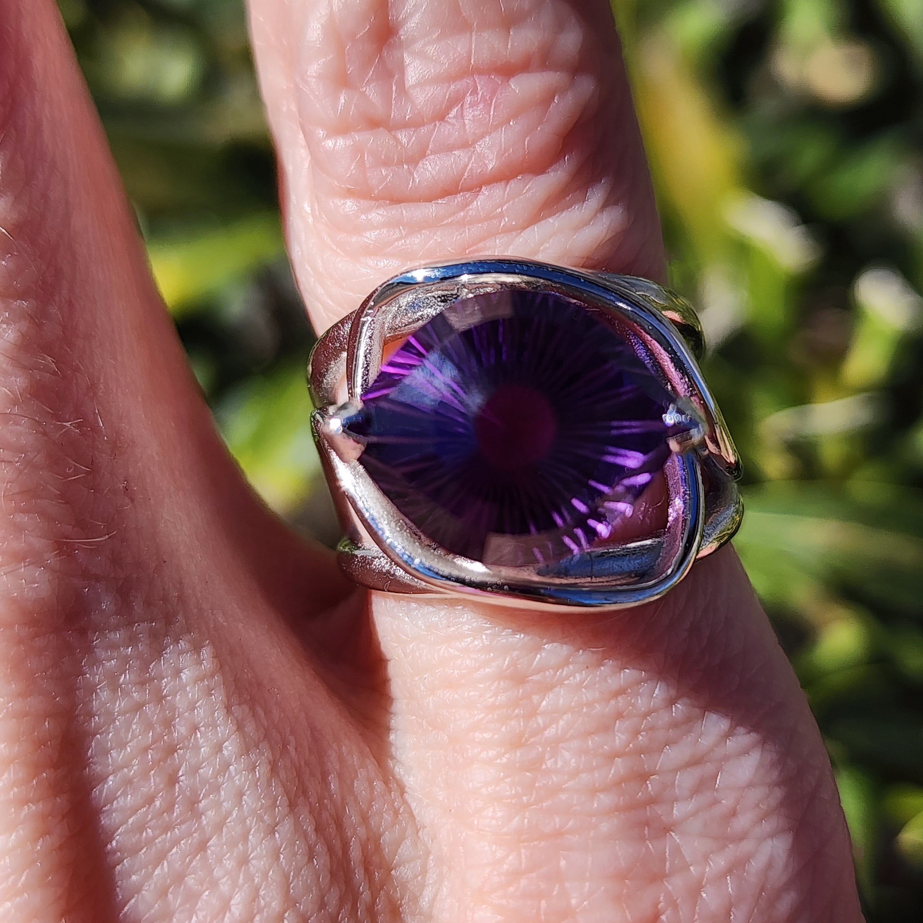 Amethyst Evil Eye Adjustable Finger Cuff Ring .925 Silver for Intuition, Luck, Protection and Purification