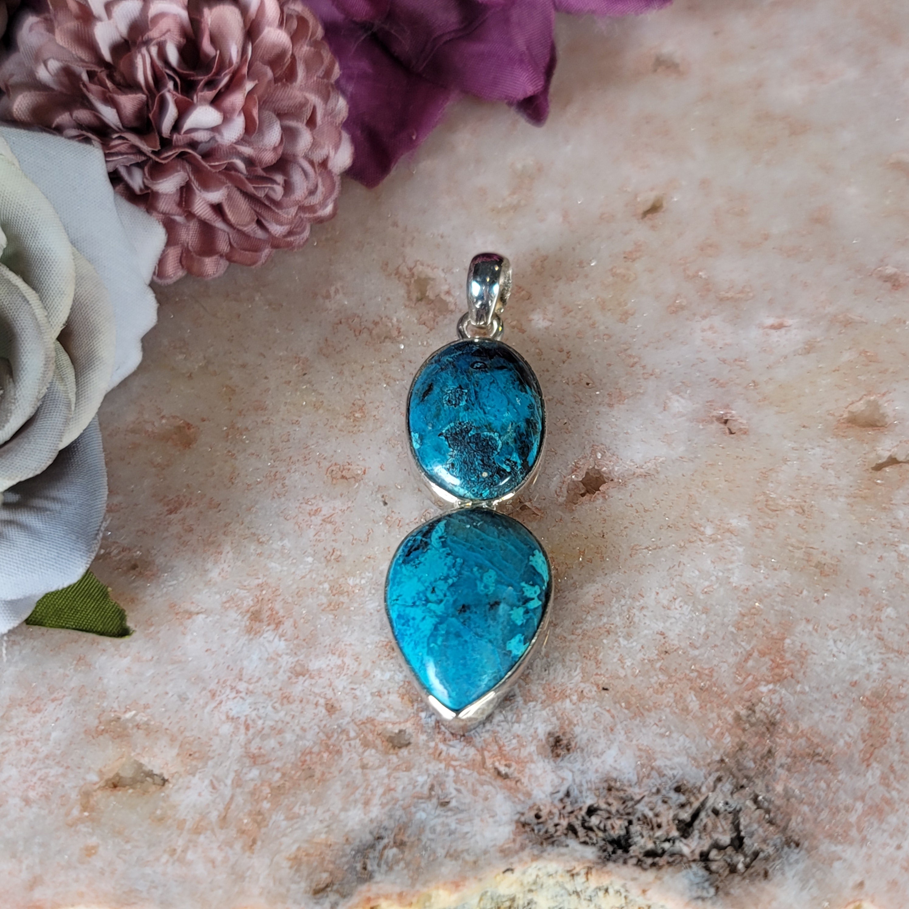 Chrysocolla with Shattuckite Pendant .925 Silver for Empowerment, Harmony and Truth