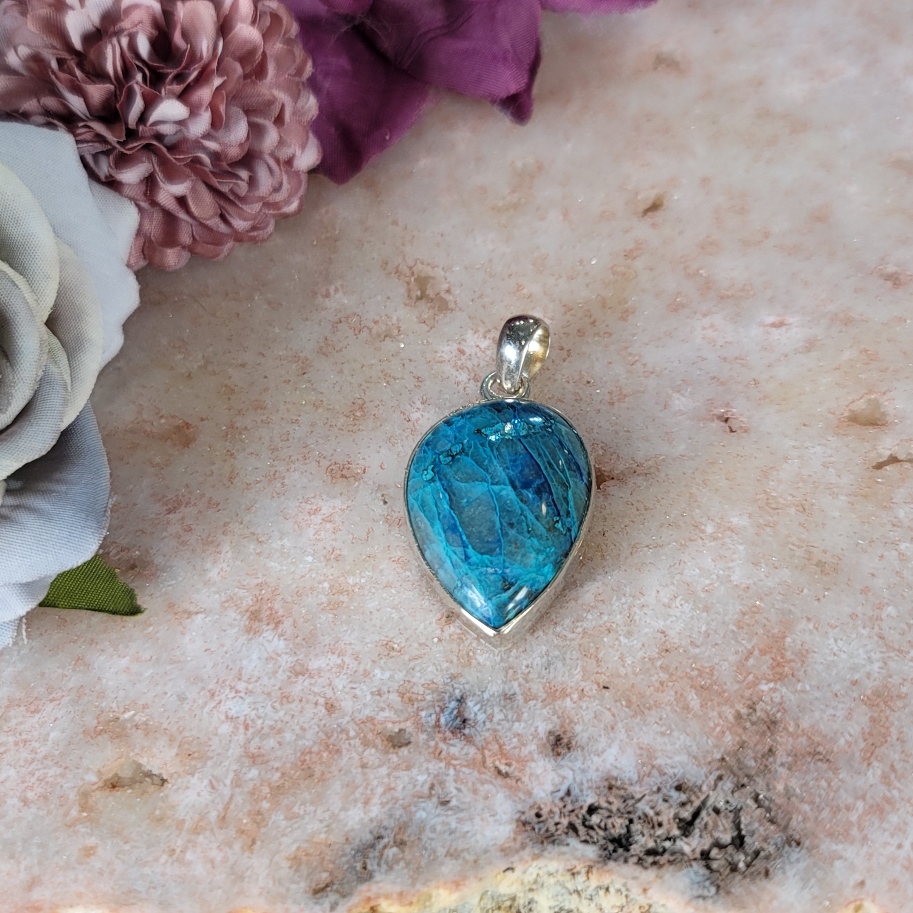 Chrysocolla with Shattuckite Pendant .925 Silver for Empowerment, Harmony and Truth