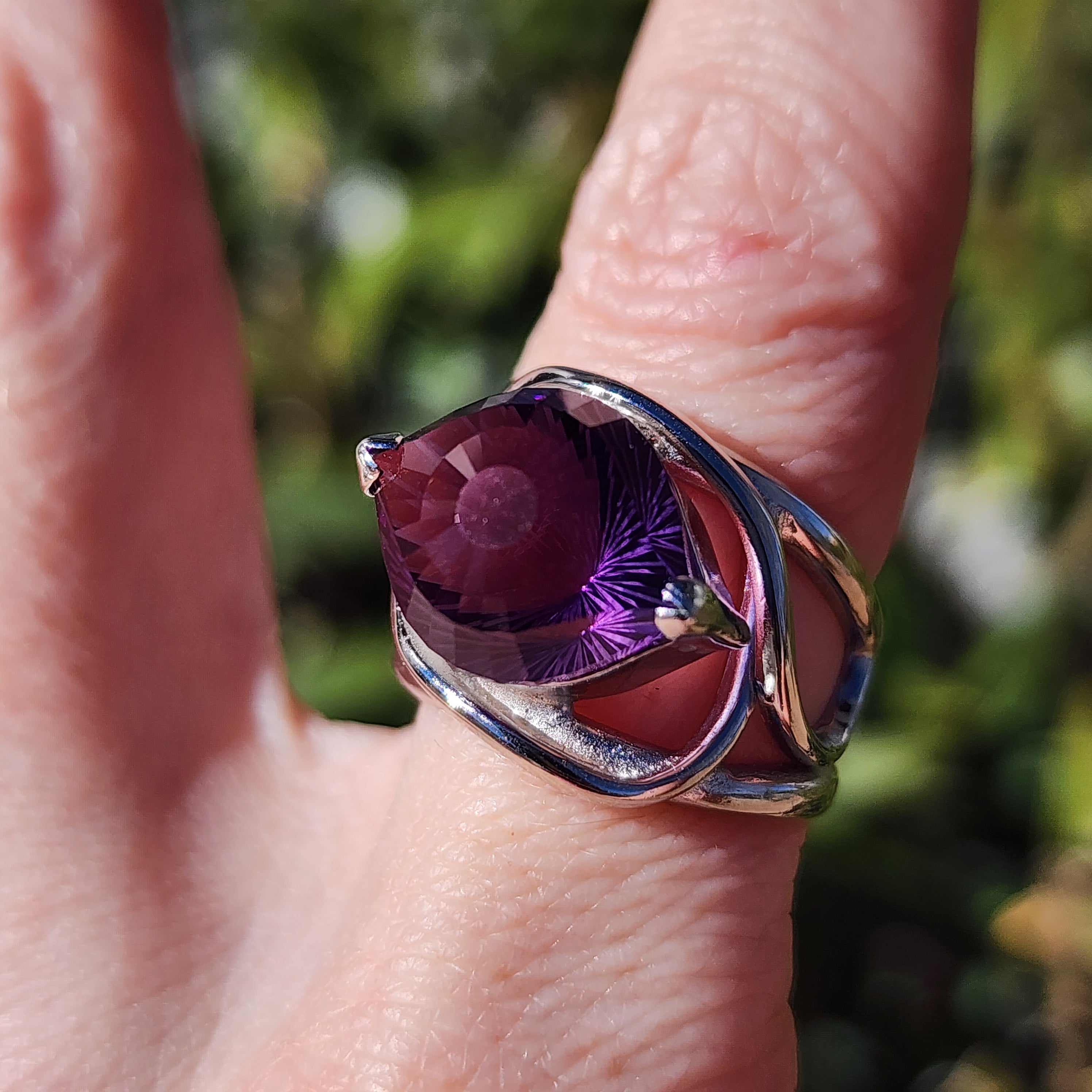 Amethyst Evil Eye Adjustable Finger Cuff Ring .925 Silver for Intuition, Luck, Protection and Purification