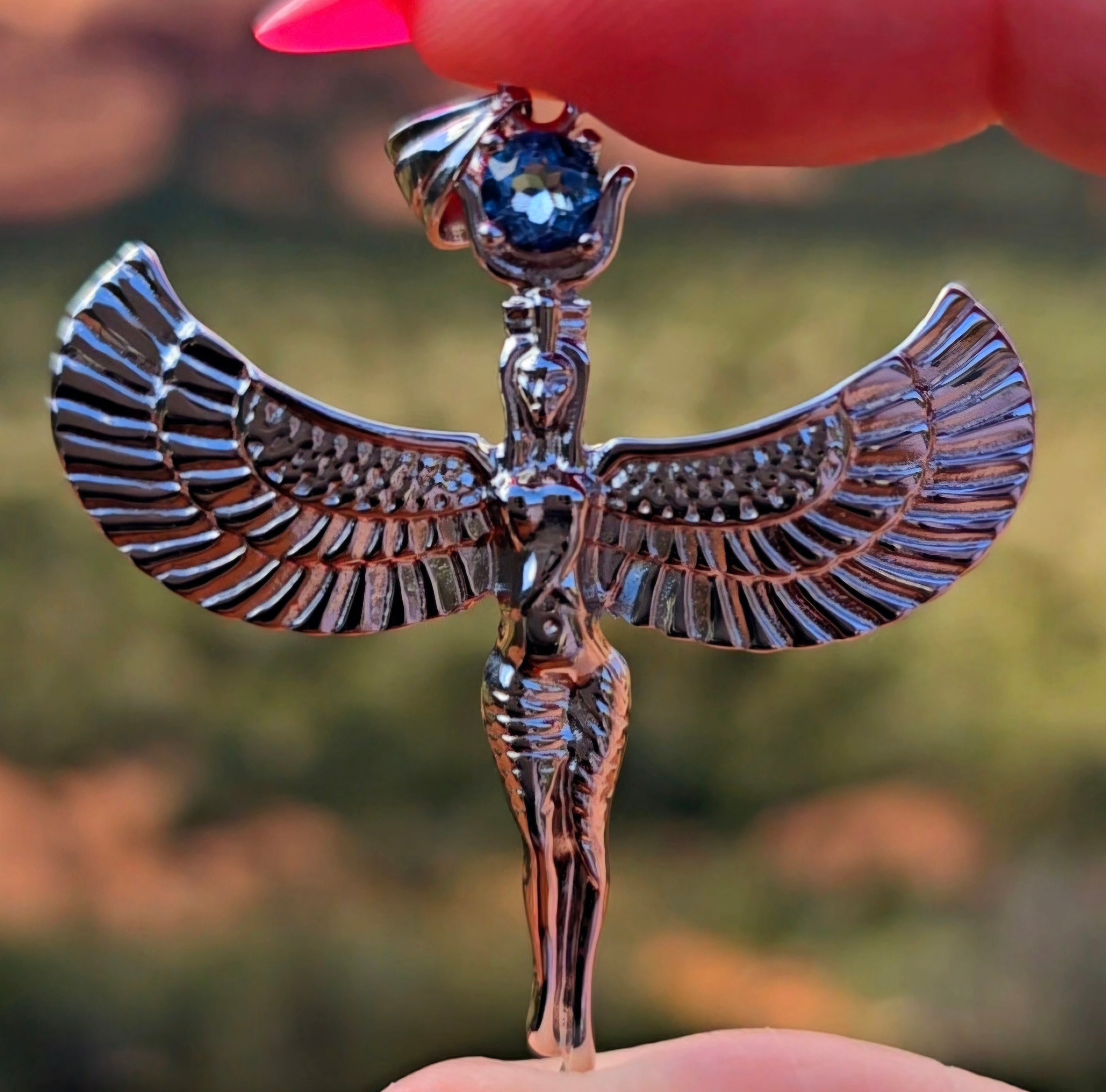 Blue Topaz Isis Goddess Amulet Pendant .925 Silver for Communication, Enhancing Psychic Abilities, Protection and Wisdom