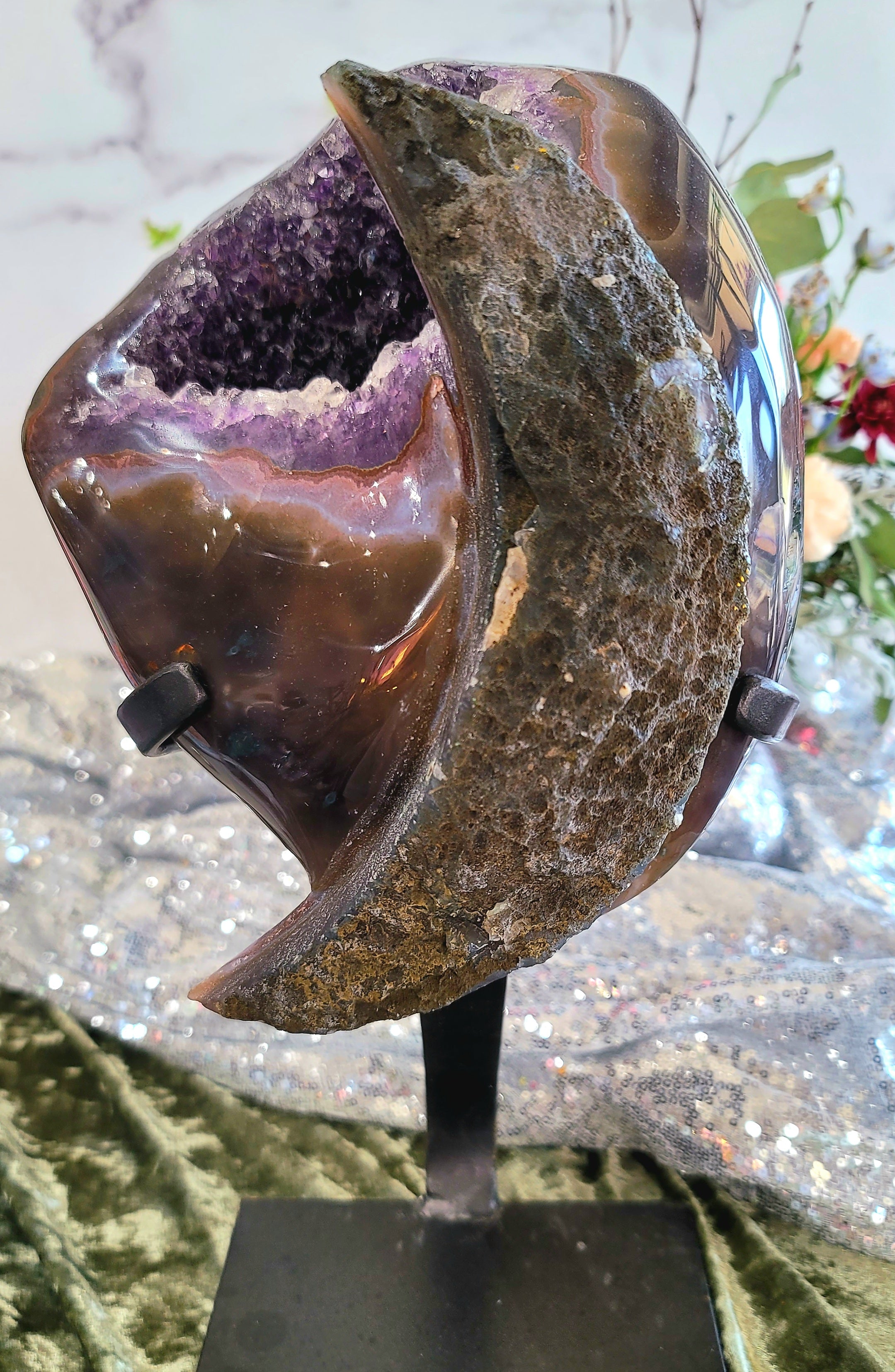 Uruguayan Amethyst Moon Geode on Stand for Intuition & Protection