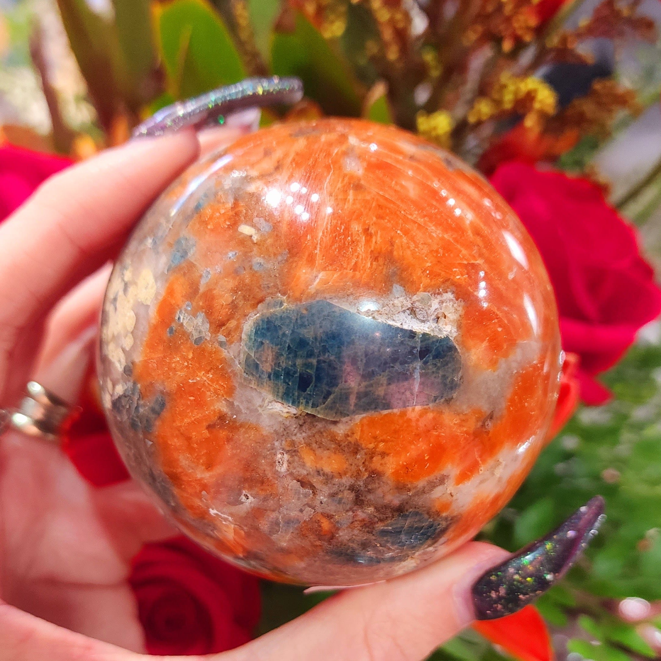 Blue Apatite with Orange Calcite Sphere for Improved Energy, Intuition and Optimum Health