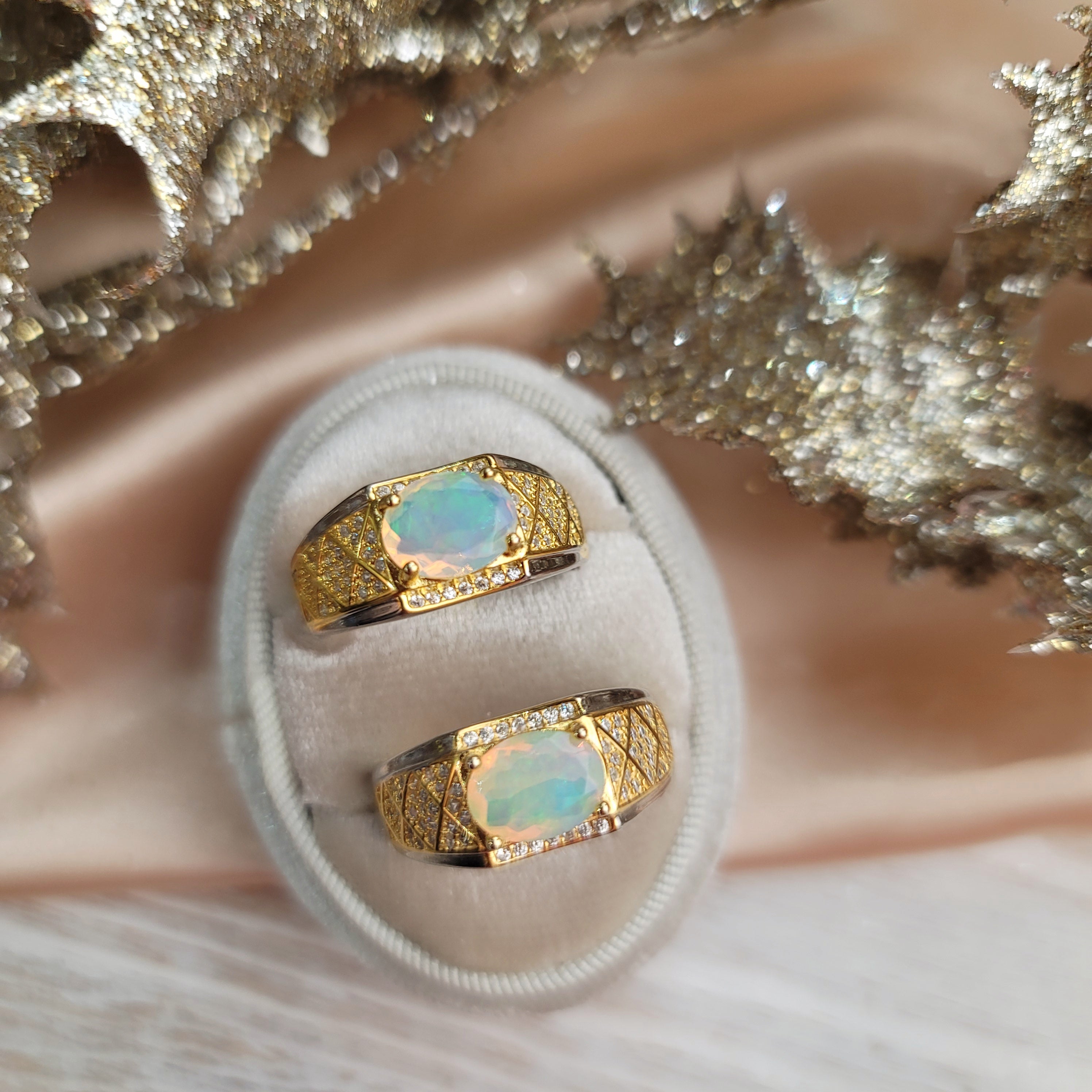 Ethiopian Opal Masculine Cuff Adjustable Ring .925 Silver Gold Plated.