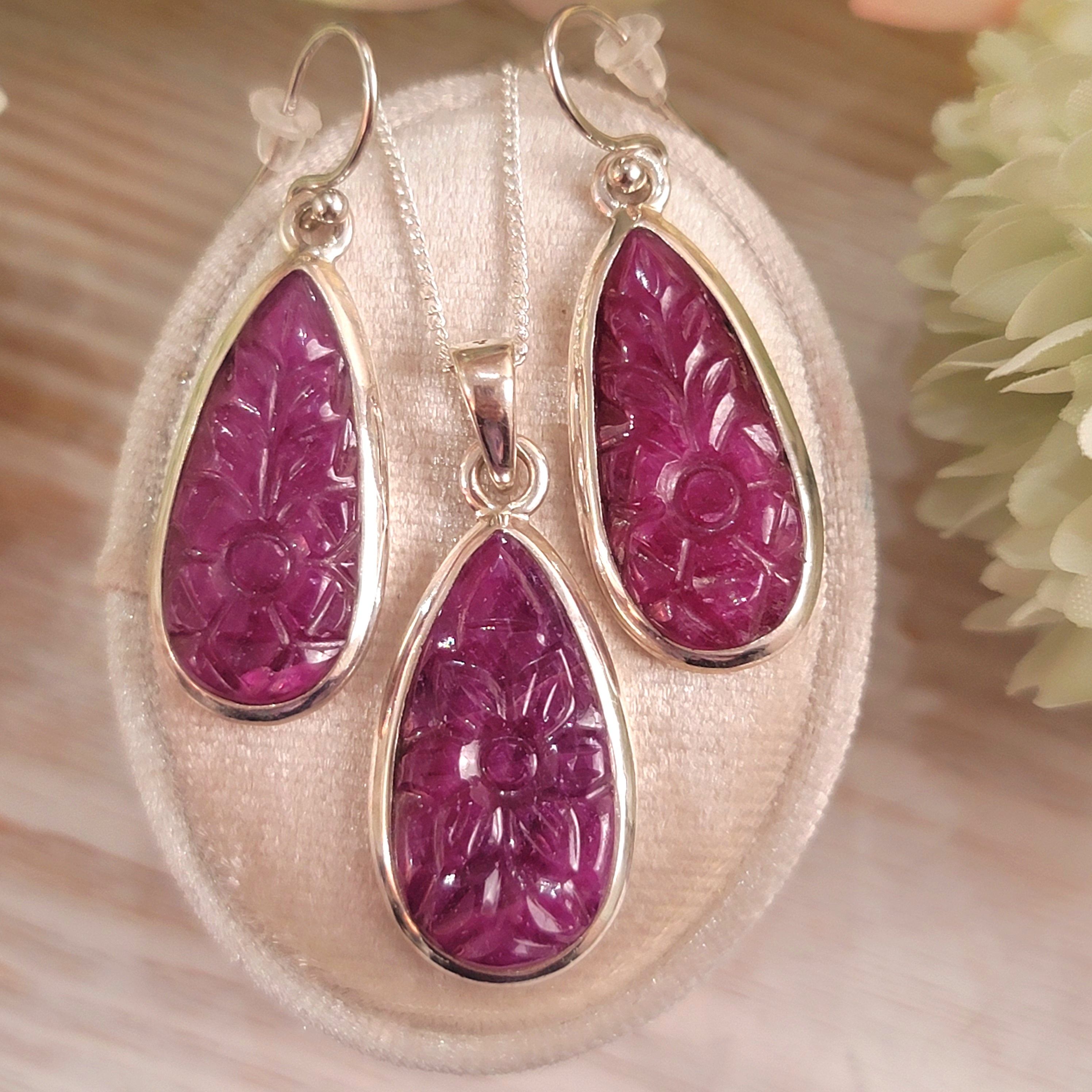 Ruby Carved Necklace and Earring Set for Self Confidence, Empowerment and Passion
