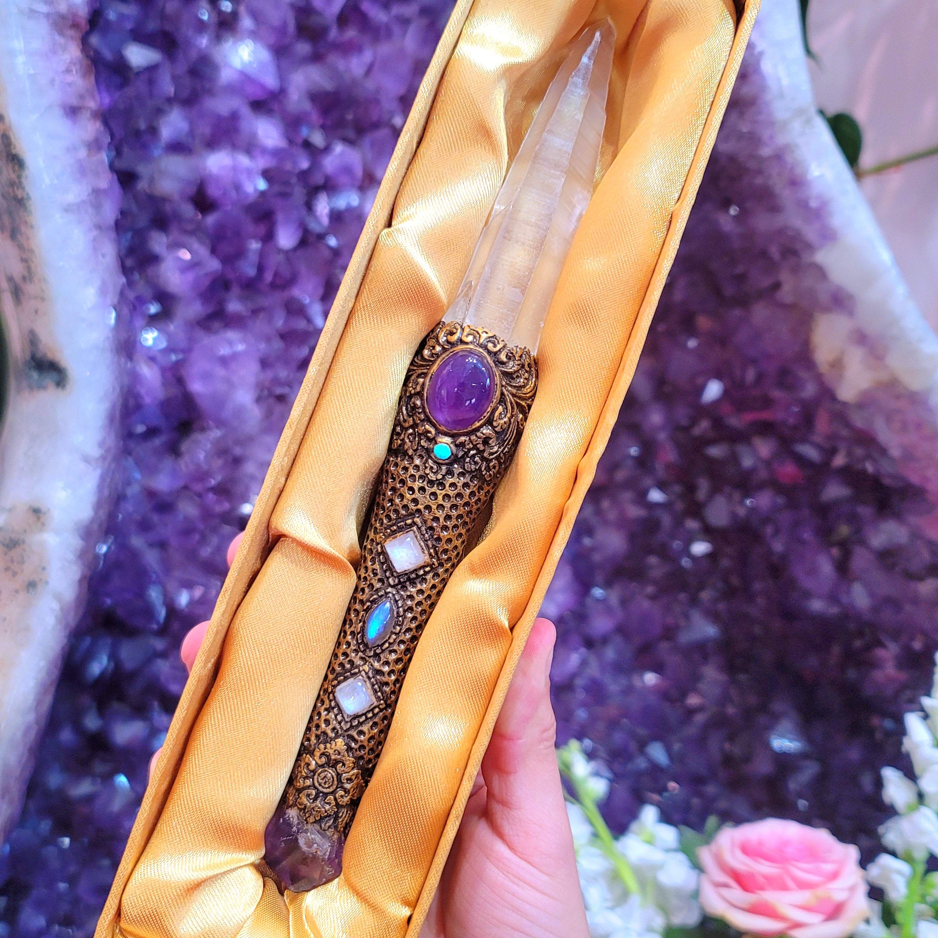 Amethyst, Labradorite, Turquoise, Rainbow Moonstone Wand for Protection and Grounding