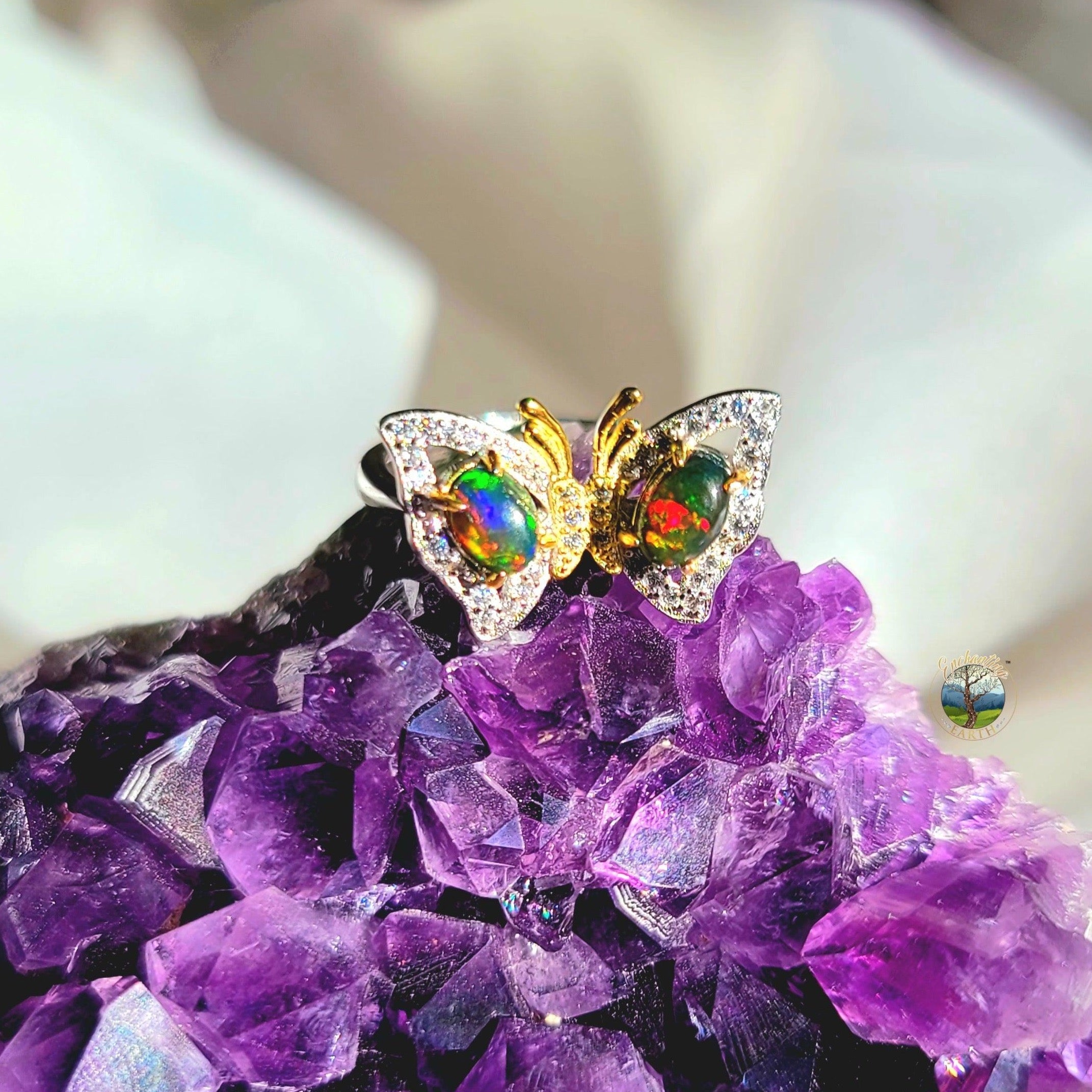 Black Opal Butterfly Adjustable Ring .925 Silver