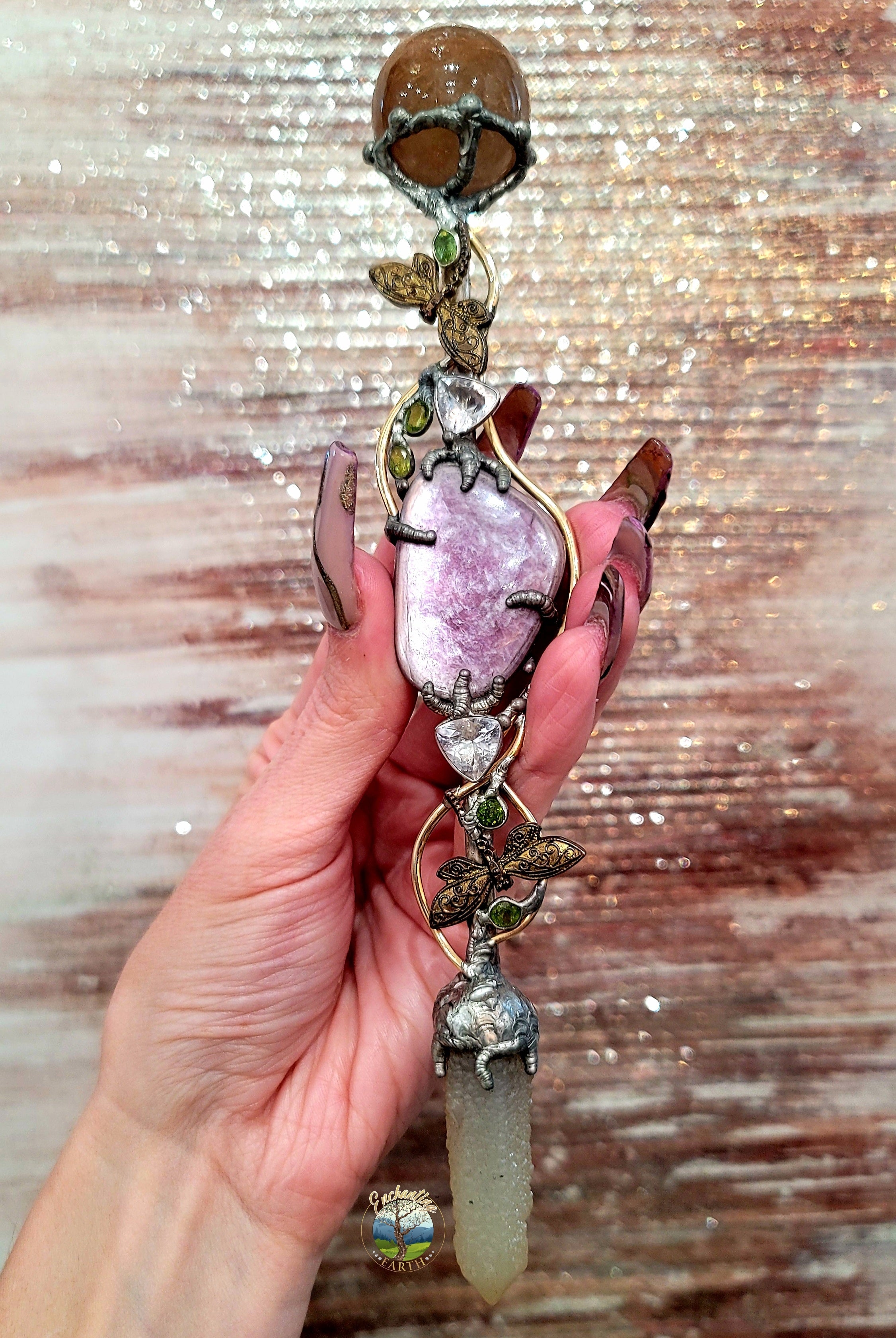 One of a Kind Collector Wand ~ Gem Lepidolite, Gold Rutile, Peridot and Spirit Quartz