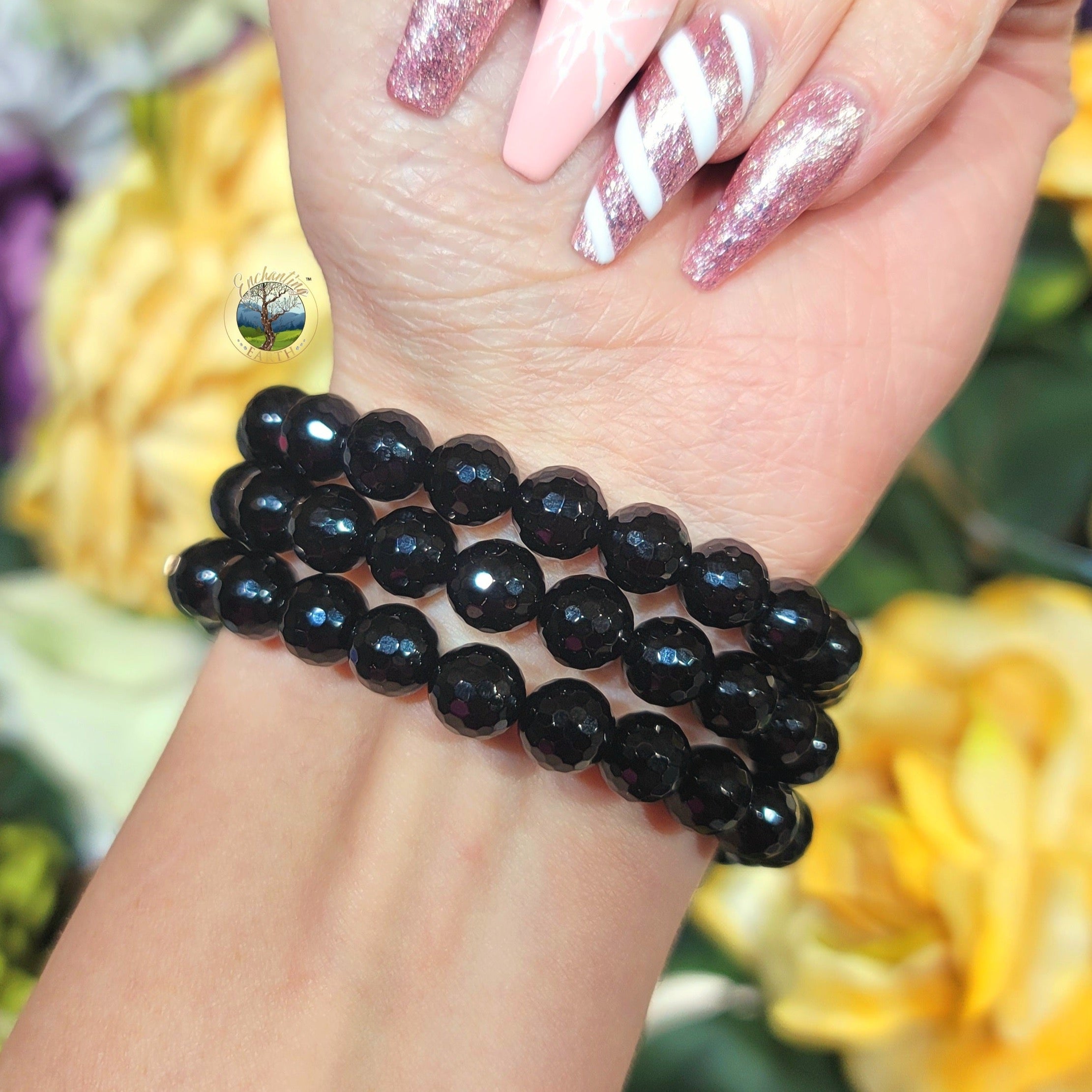 Black Onyx Faceted Bracelet for Amplification, Focus, Protection & Shield Against Negative Energy