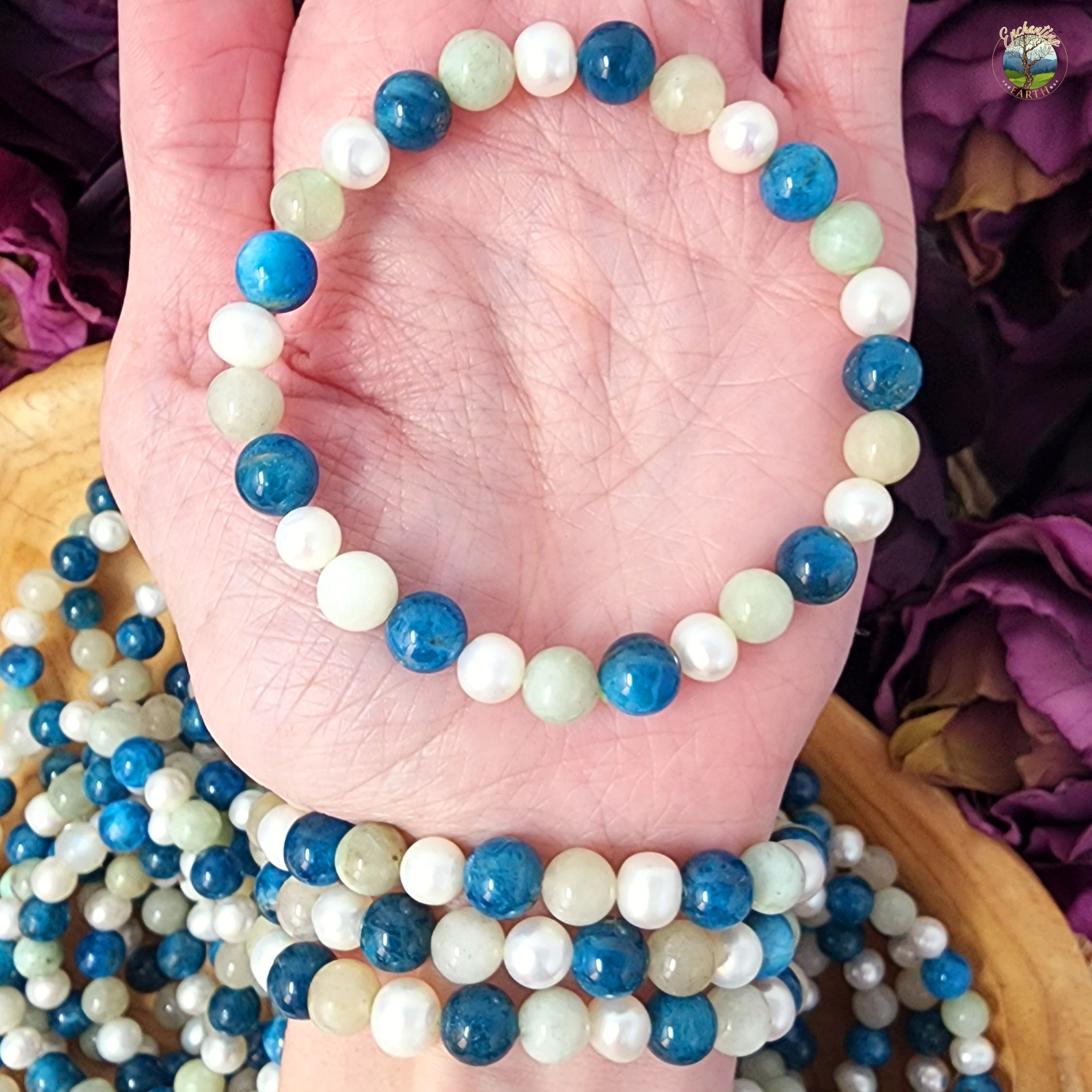 Gemini Bracelet (Blue Apatite, Green Moonstone & Pearl) *High Quality* for Empowerment and Strength