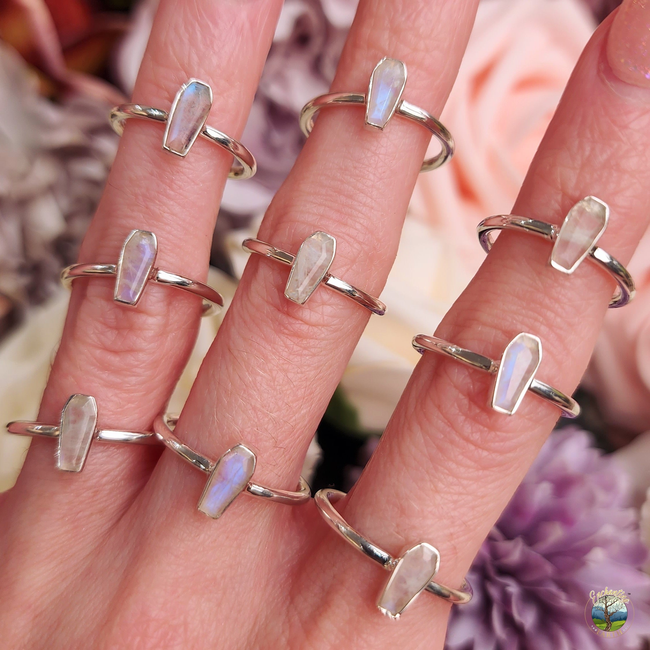 Rainbow Moonstone Coffin Dainty Ring .925 Silver for Intuition and New Begginings