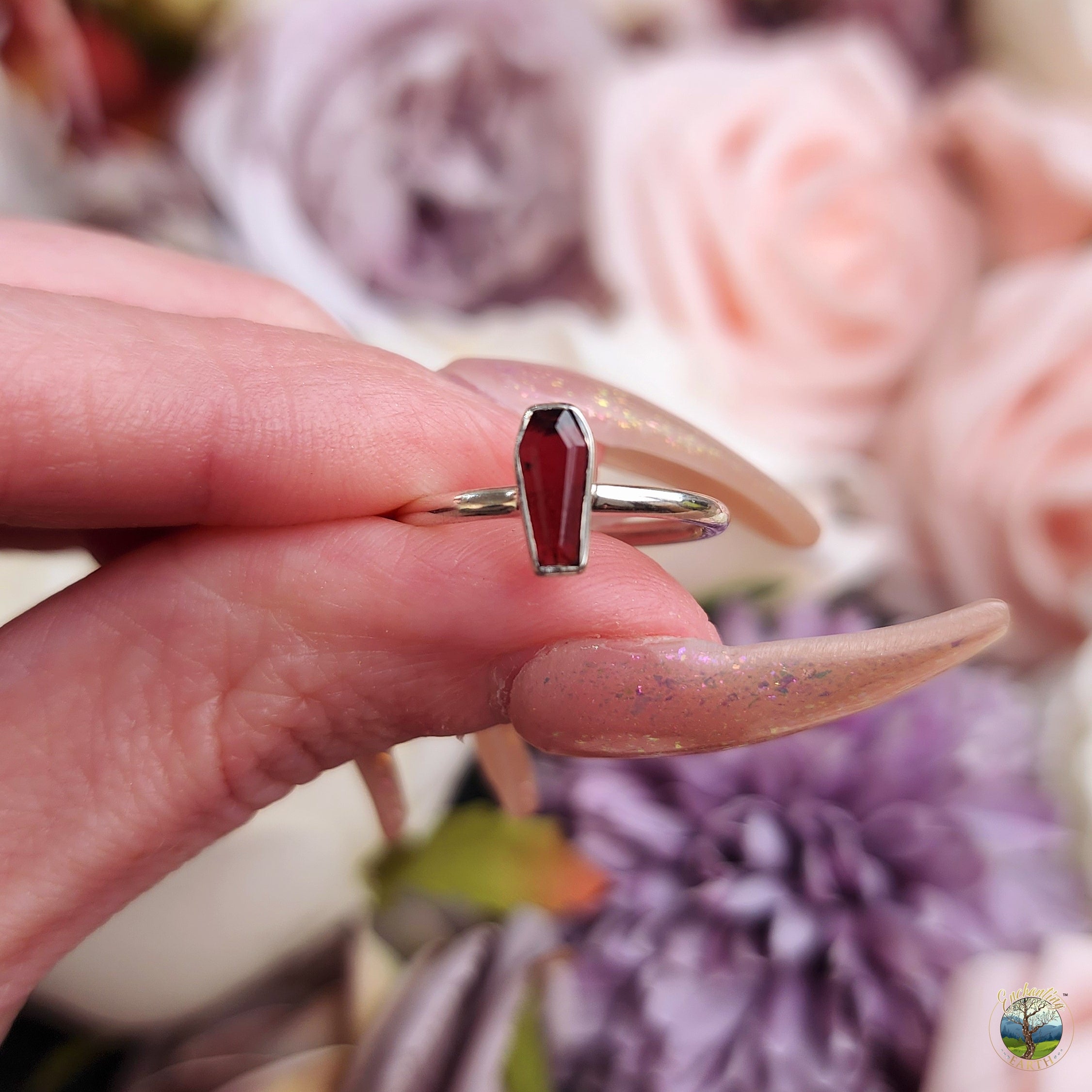 Garnet Coffin Dainty Ring .925 Silver for Health and Strength