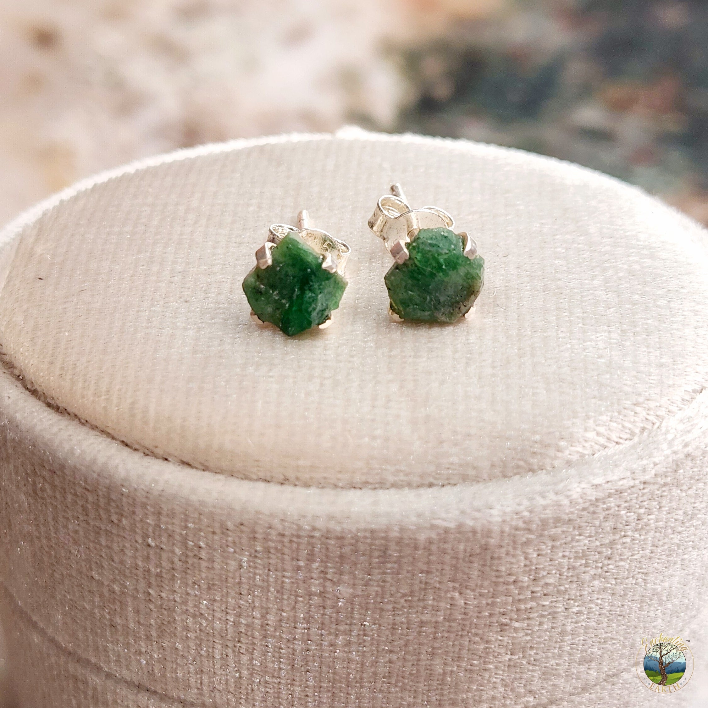 Emerald Raw Studs .925 Silver for Abundance and Love