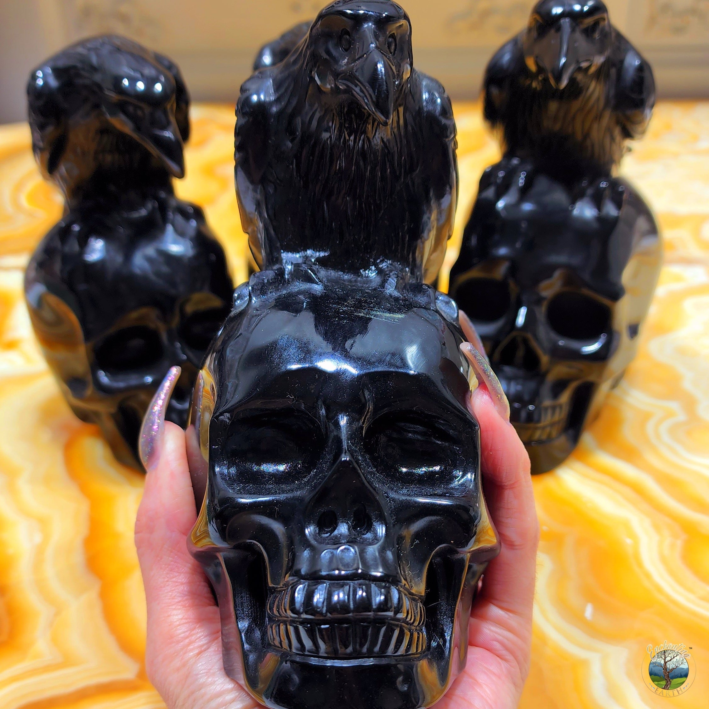 Nevermore Obsidian Skull Raven Carving for Protection