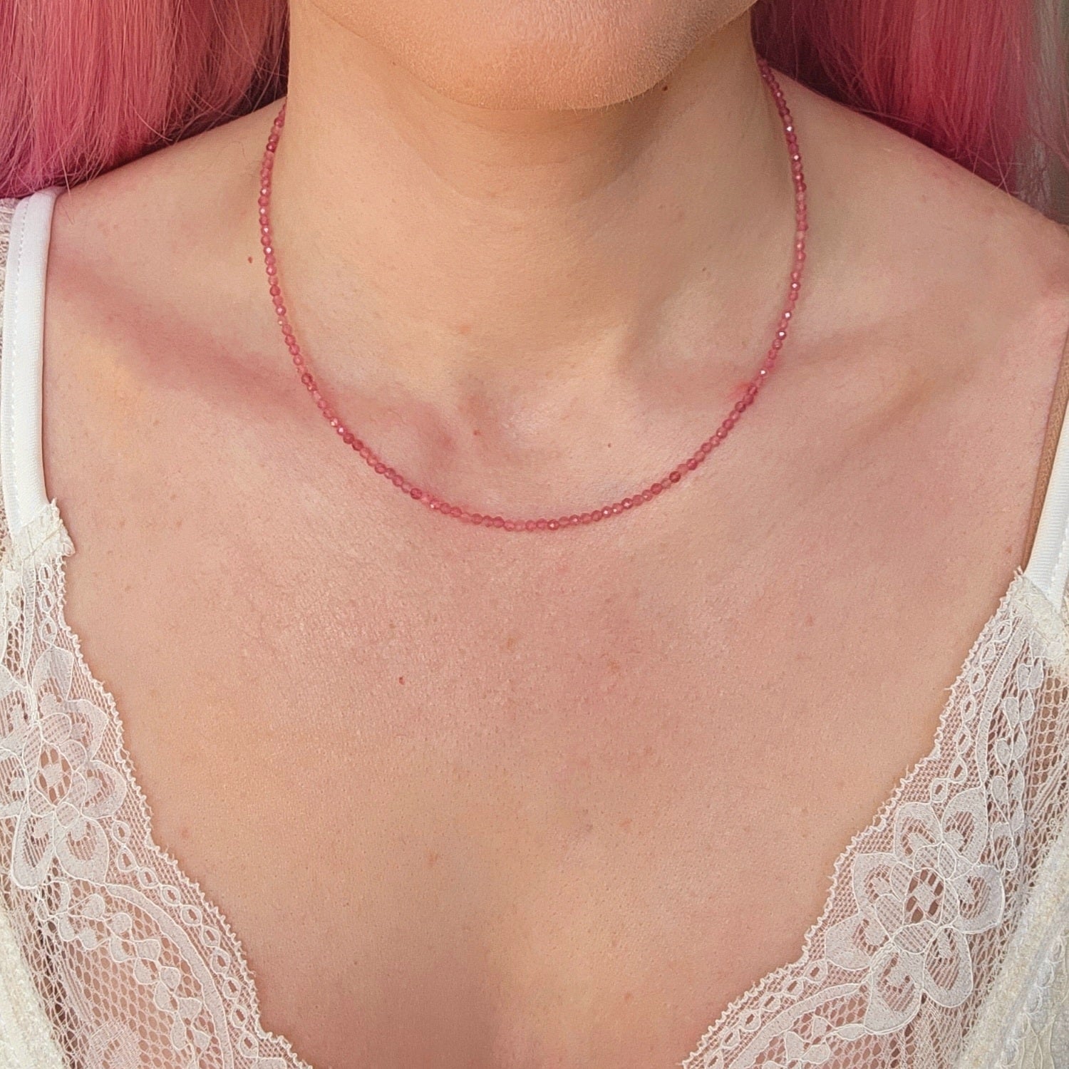 Pink Tourmaline Micro Faceted Choker/Layering Necklace for Heart Healing, Kindness & Love