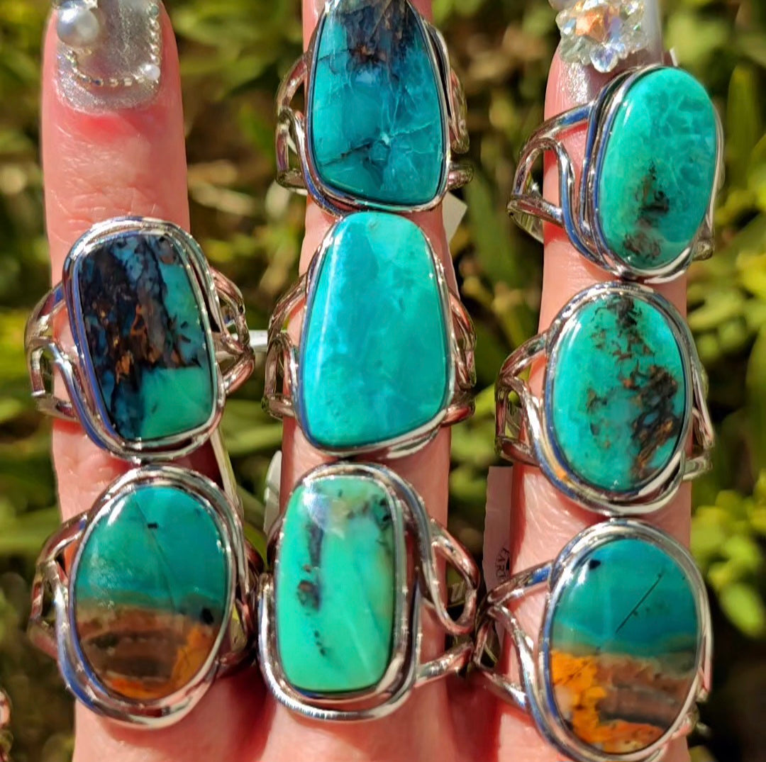 Enchanting Blue Opalized Petrified Wood Rings