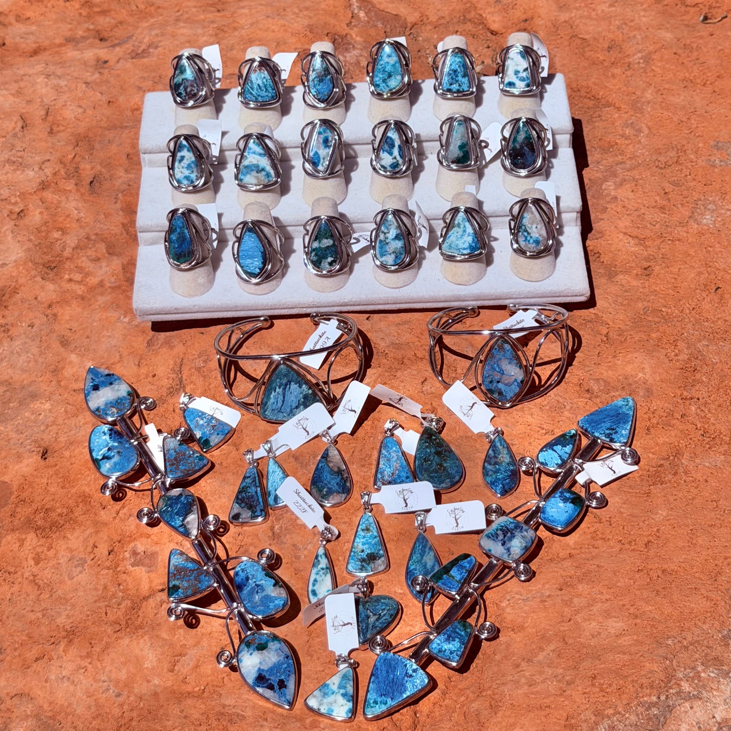 Enchanting Acicular Shattuckite with Dioptase Cuff Rings