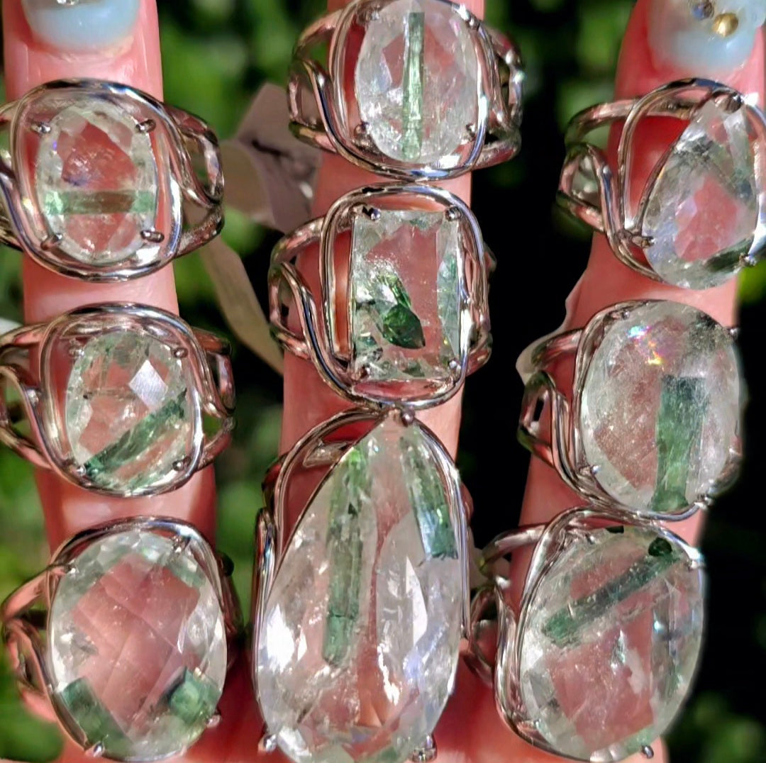 Enchanting Green Tourmaline in Quartz Rings