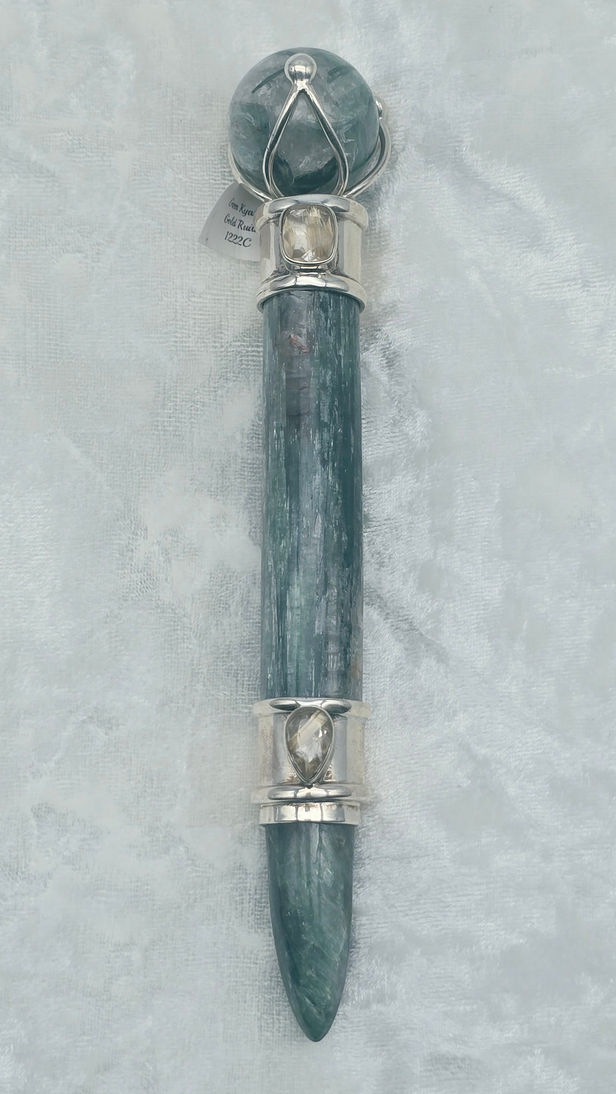 One of a Kind Magic Wand ~ Green Kyanite with Gold Rutile Gemstones for Energy Cleansing, Forgiveness and Peace