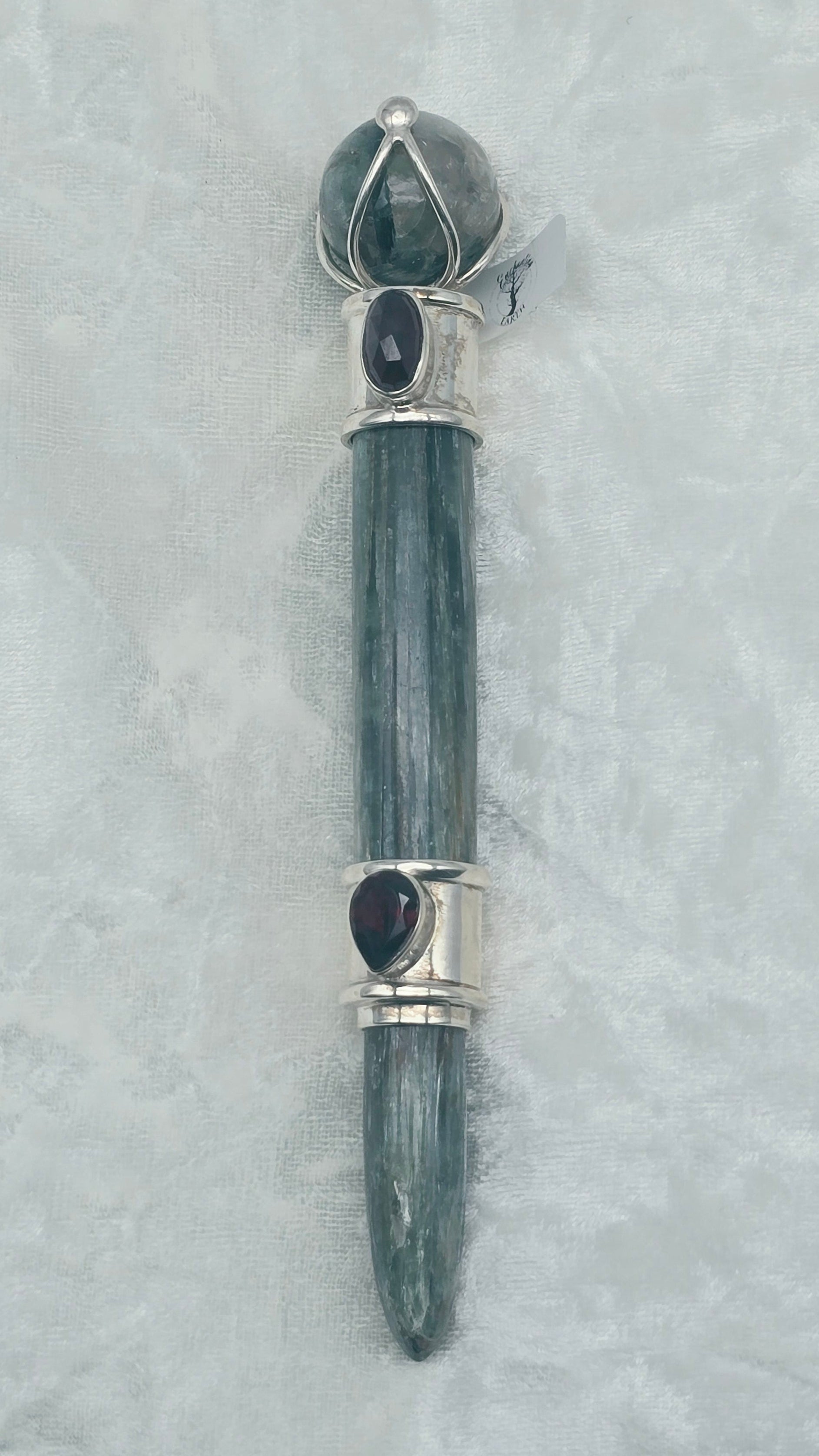 One of a Kind Magic Wand ~ Green Kyanite with Garnet Gemstones for Energy Cleansing, Grounding and Peace