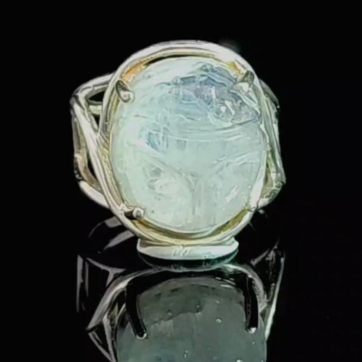 Rainbow Moonstone Scarab Finger Cuff Adjustable Ring .925 Sterling Silver for New Beginnings, Protection and Manifestation