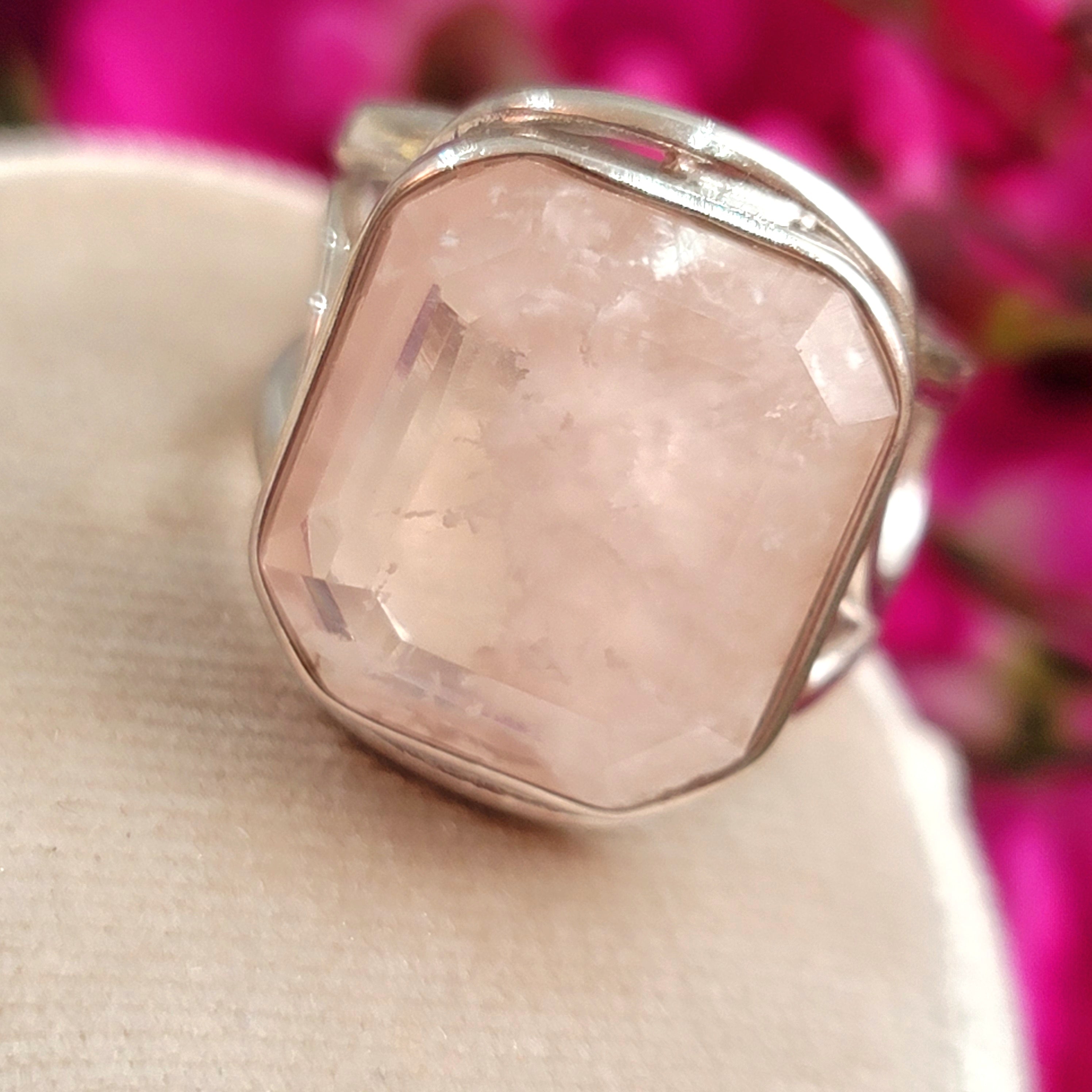 Rose Quartz & White Lodalite Finger Cuff Adjustable Ring .925 Silver for Compassion and Self Love