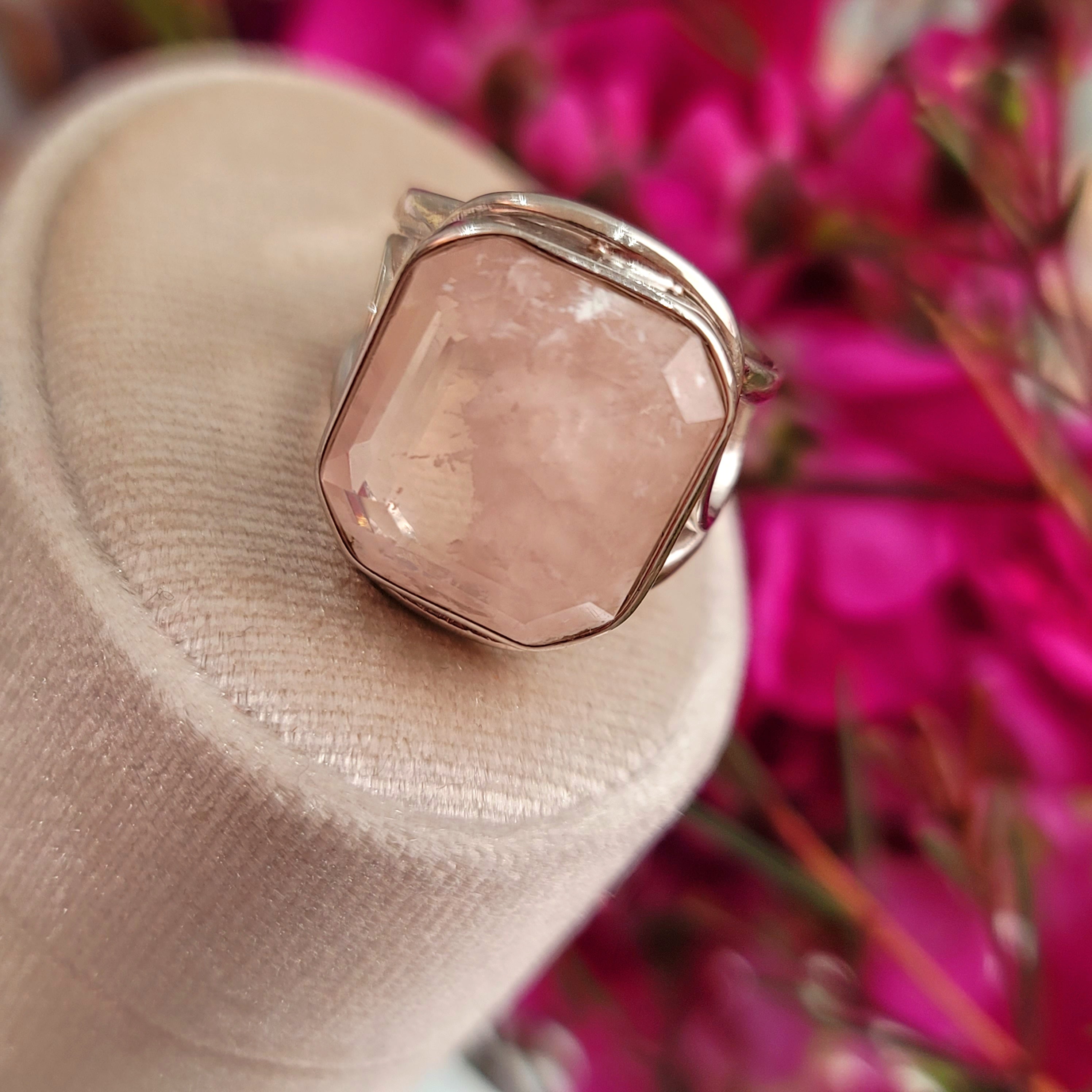 Rose Quartz & White Lodalite Finger Cuff Adjustable Ring .925 Silver for Compassion and Self Love