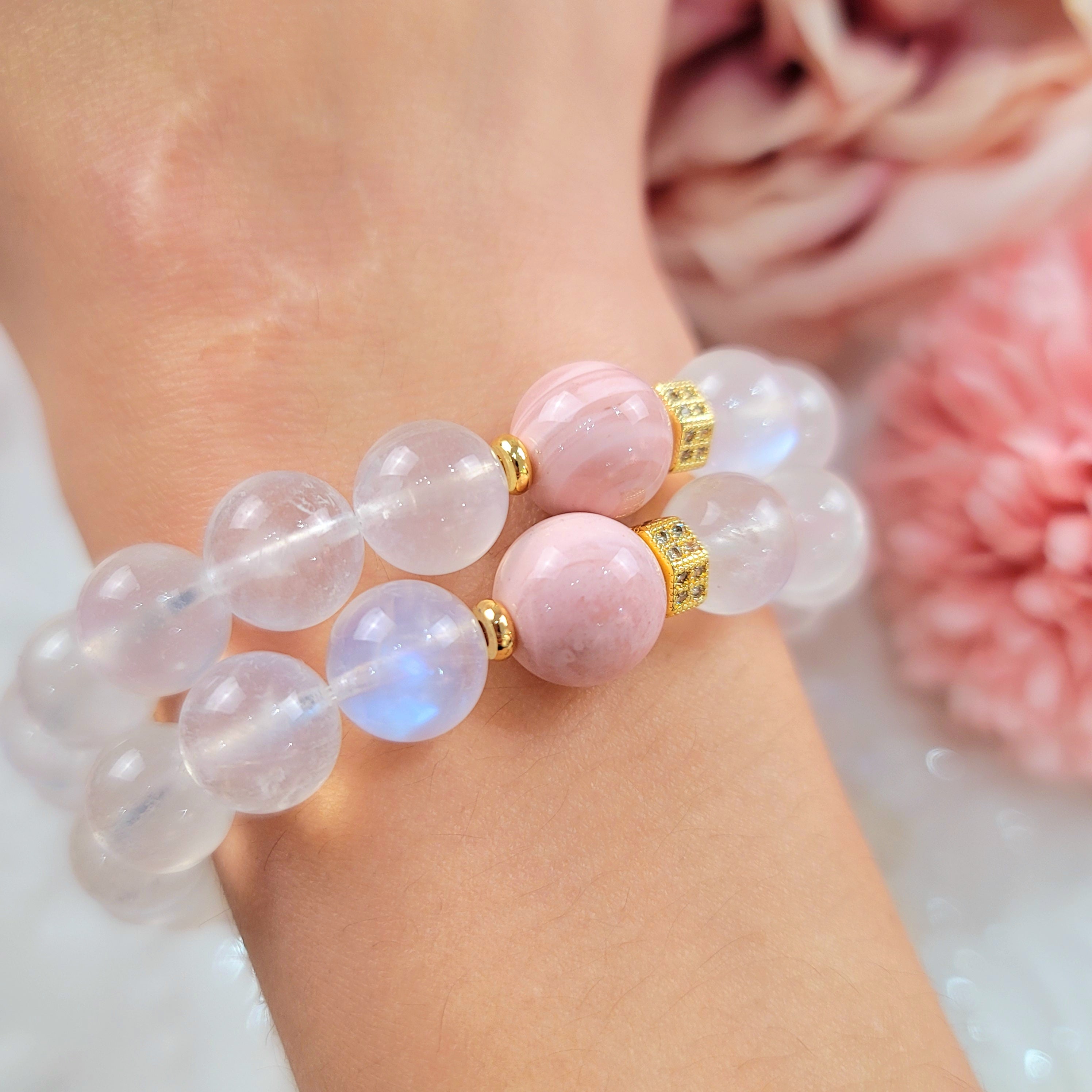 Rainbow Moonstone and Pink Opal Bracelet (AAA Grade) for Embracing your Divine Feminine Energy and New Beginnings