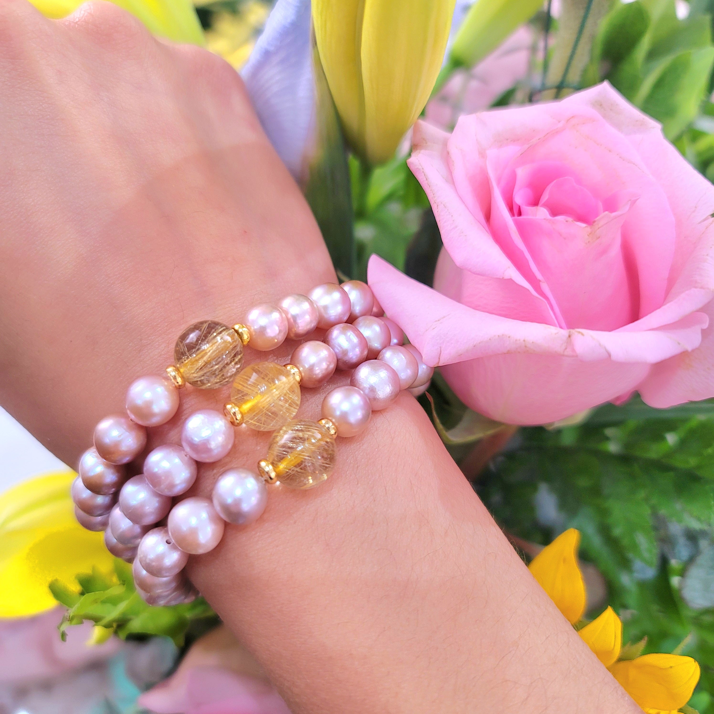 Lavender Pearl with Gold Rutile Bracelet for Abundance, Honesty and Wisdom