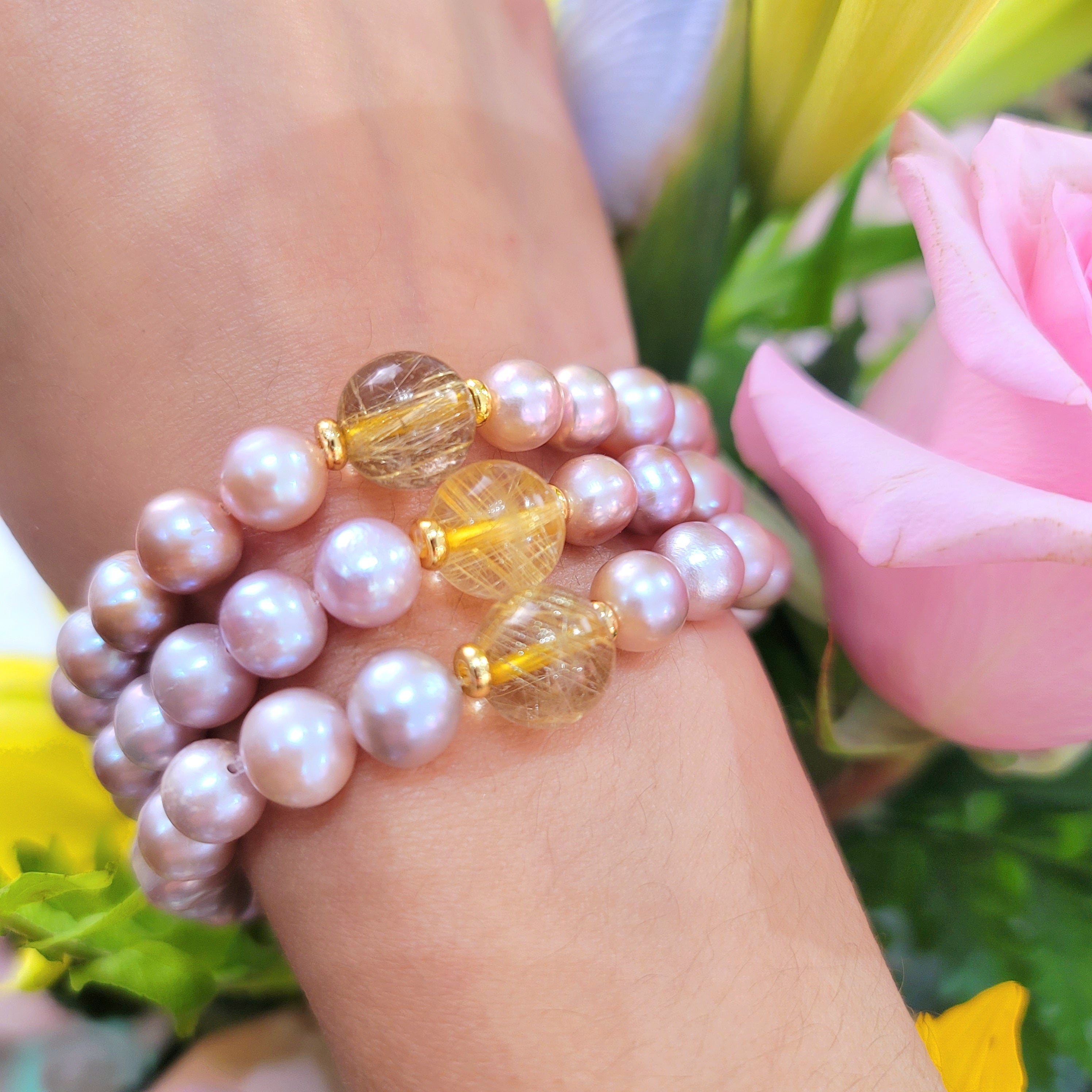 Lavender Pearl with Gold Rutile Bracelet for Abundance, Honesty and Wisdom