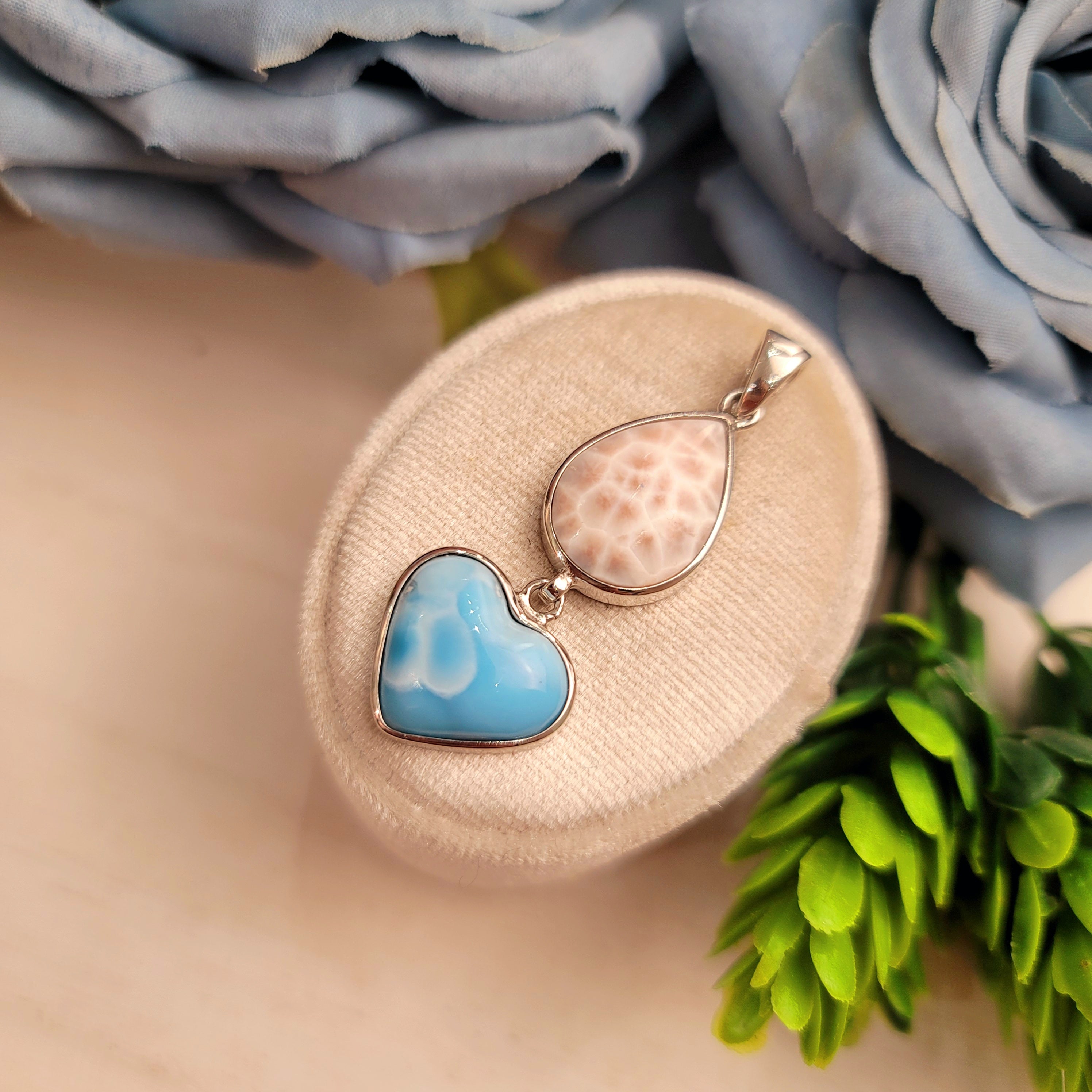 Larimar Heart and Natrolite Pendant for Awakening your Intuitive Powers and Tranquility