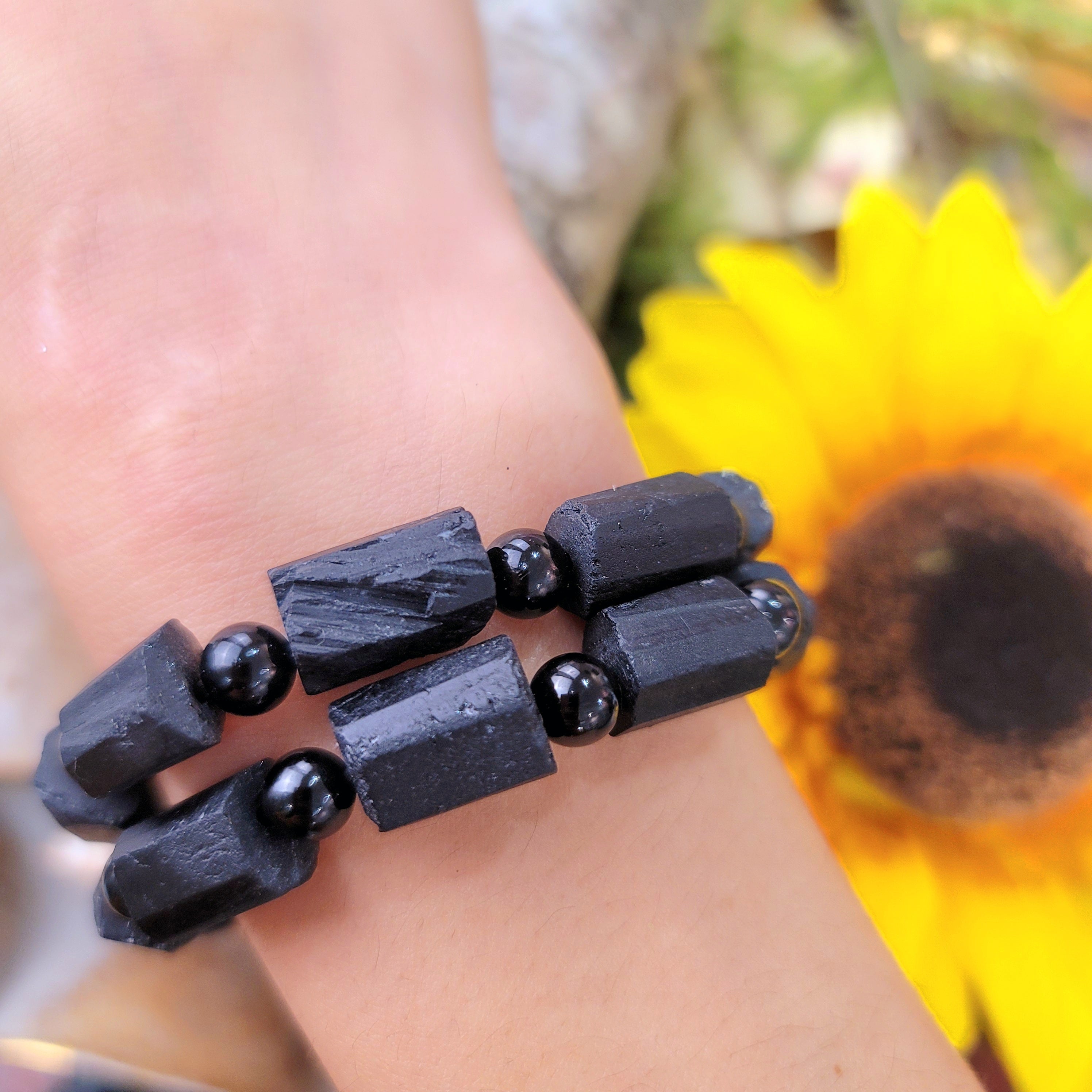 Black Tourmaline Raw & Black Obsidian Bracelet for Protection and Purification