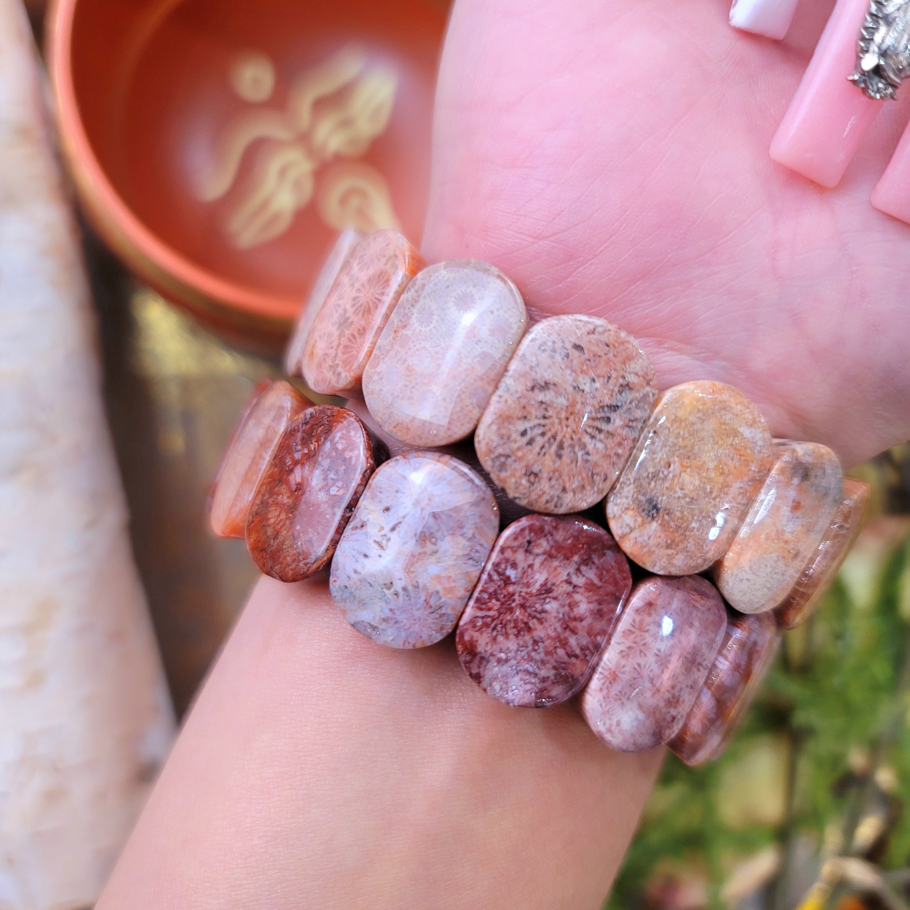 Coral Fossil Stretchy Bangle Bracelet (High Quality) for Healing Trauma, Stability and Wisdom