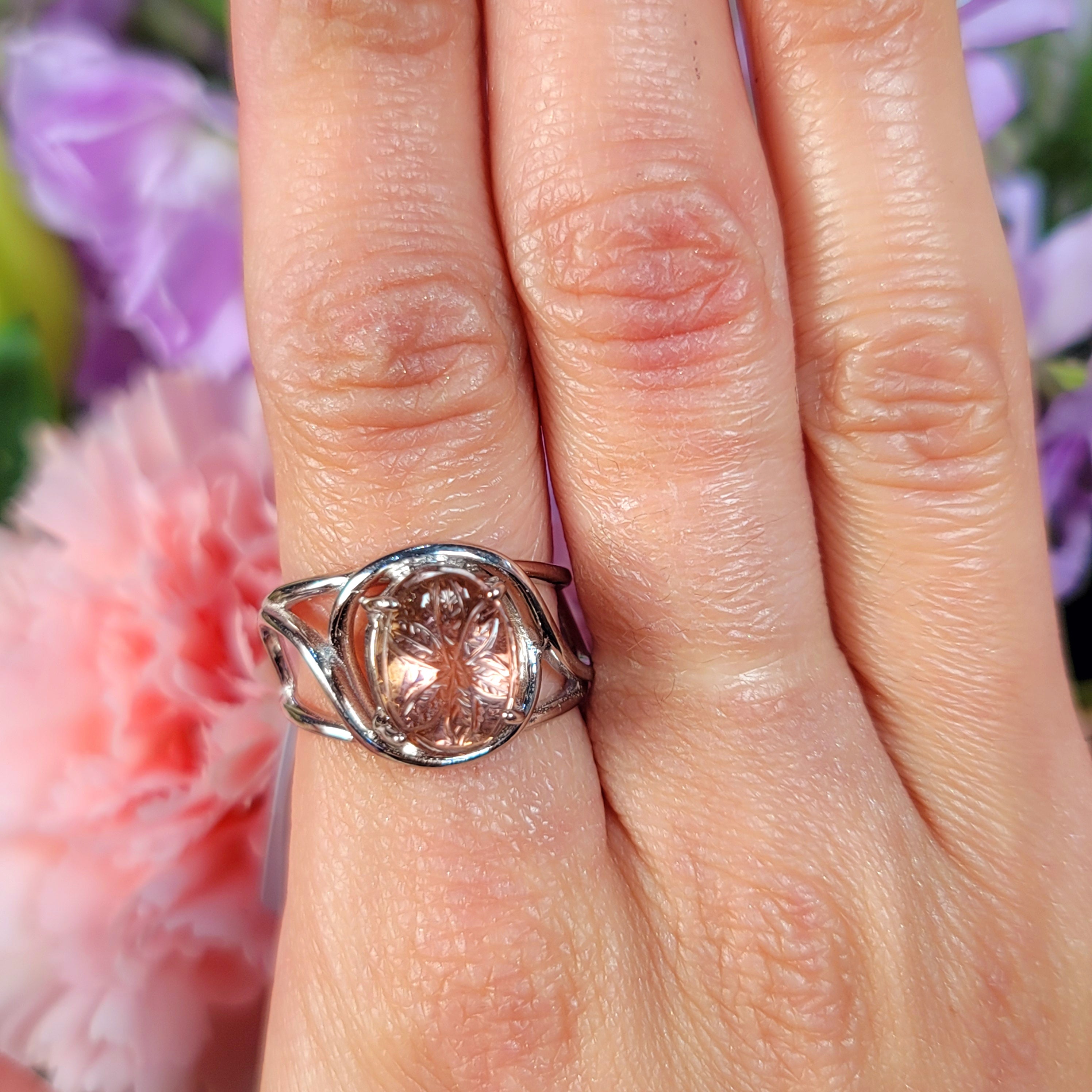 Pink Tourmaline Flower Finger Bracelet Adjustable Ring for Healing, Joy and Love