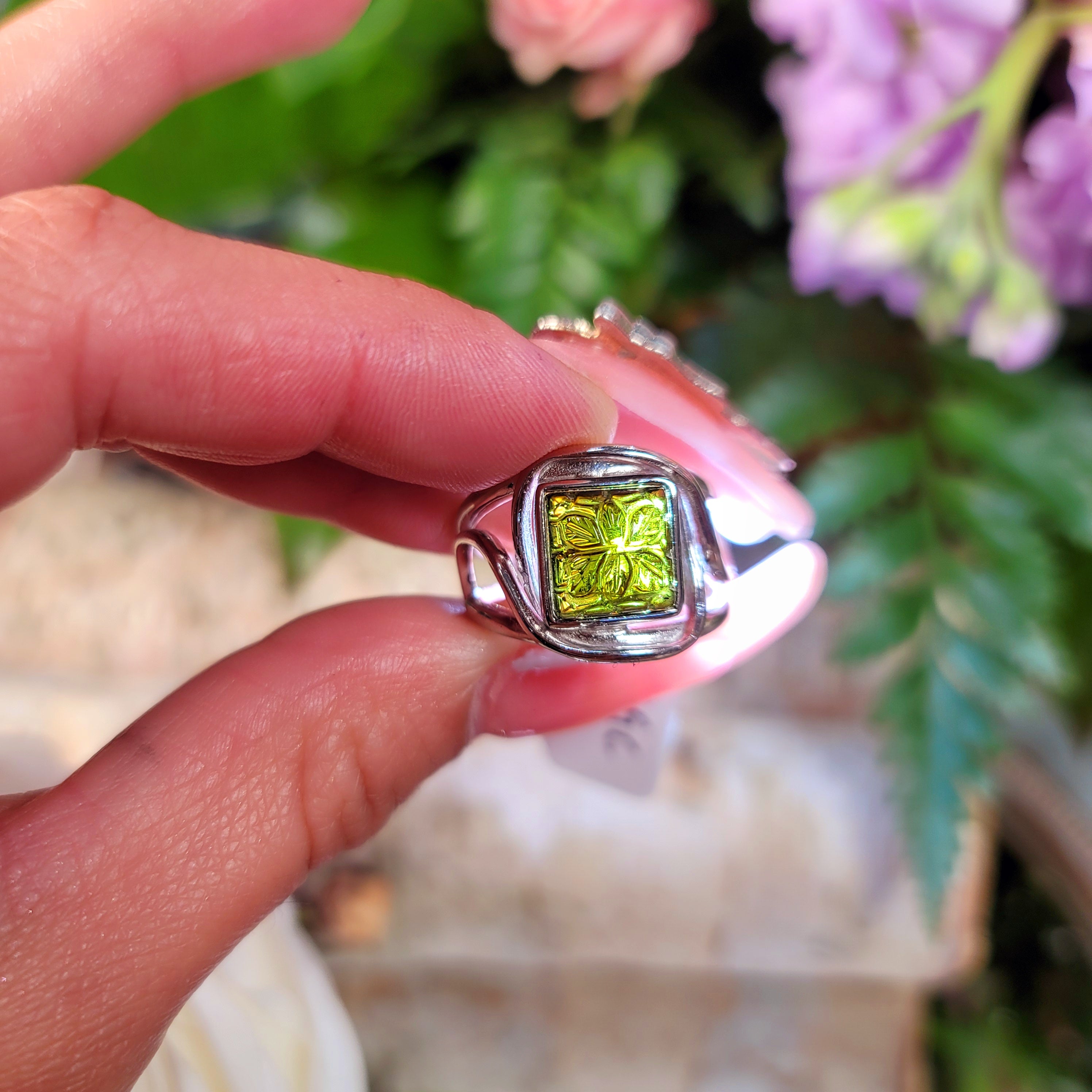 Green Tourmaline Flower Finger Bracelet Adjustable Ring for Healing, Joy and Love