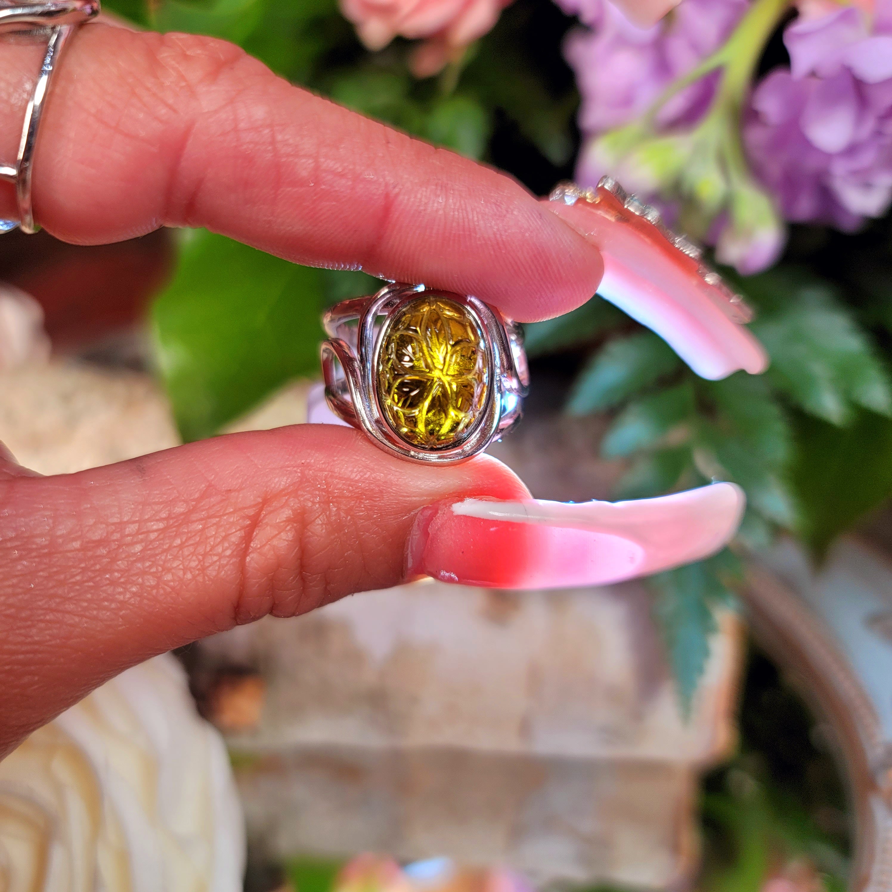 Green Tourmaline Flower Finger Bracelet Adjustable Ring for Healing, Joy and Love