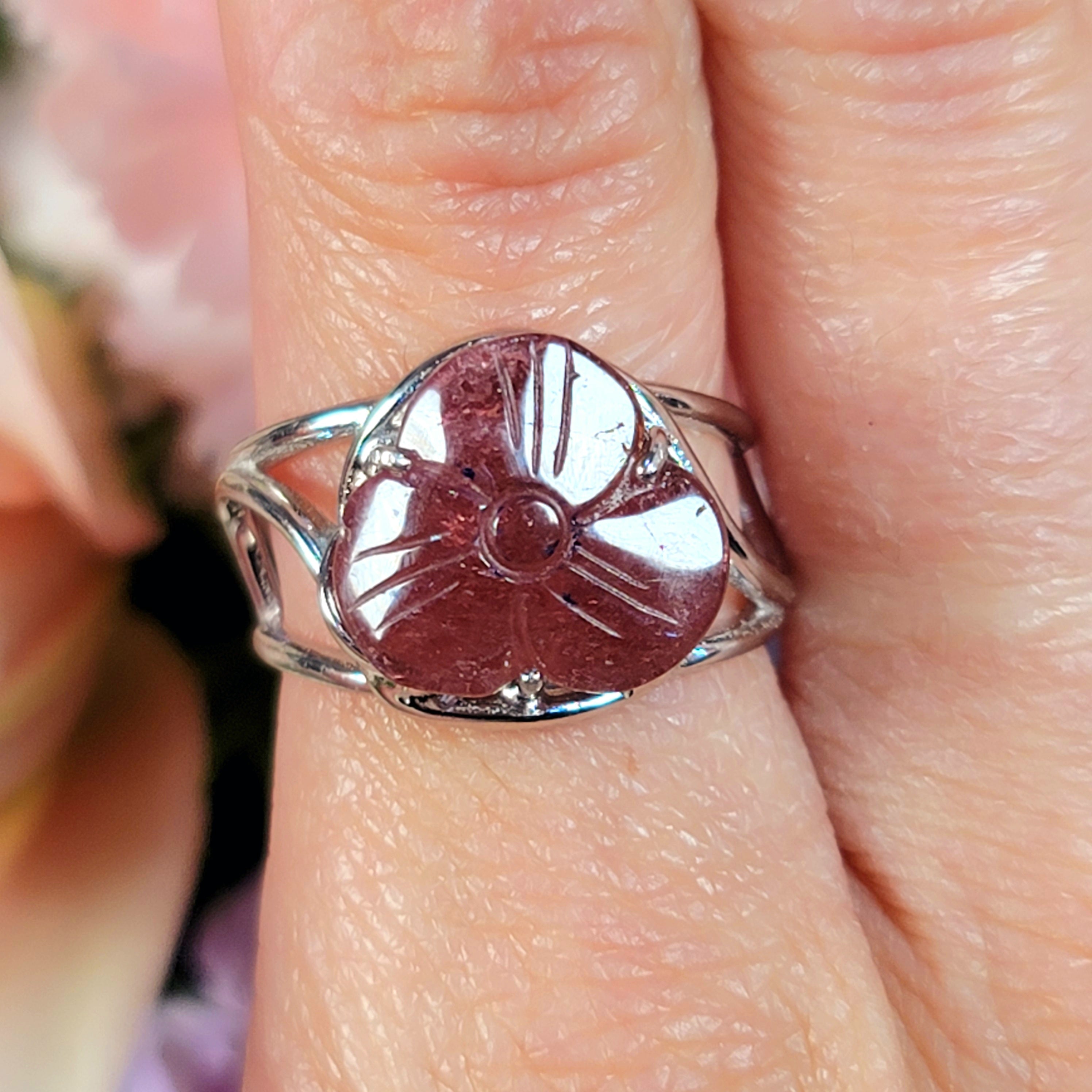 Red Tourmaline Carved Flower Finger Bracelet Adjustable Ring for Revitalizing your Passion for Life