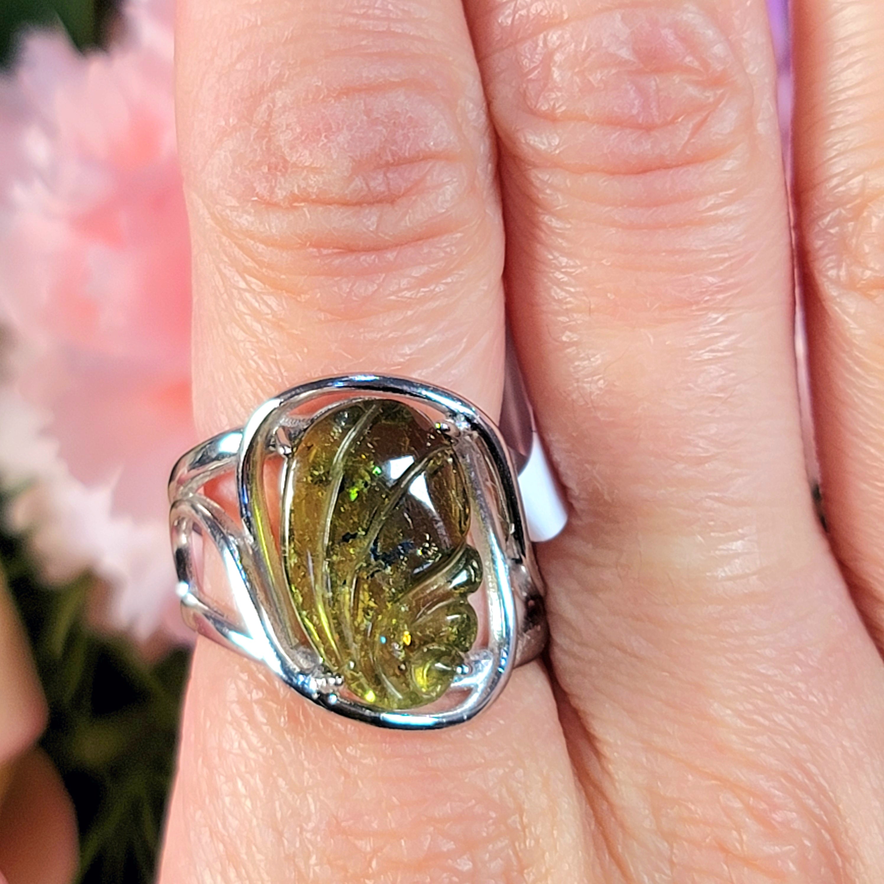 Green Tourmaline Carved Leaf Finger Bracelet Adjustable Ring for Healing, Joy and Love