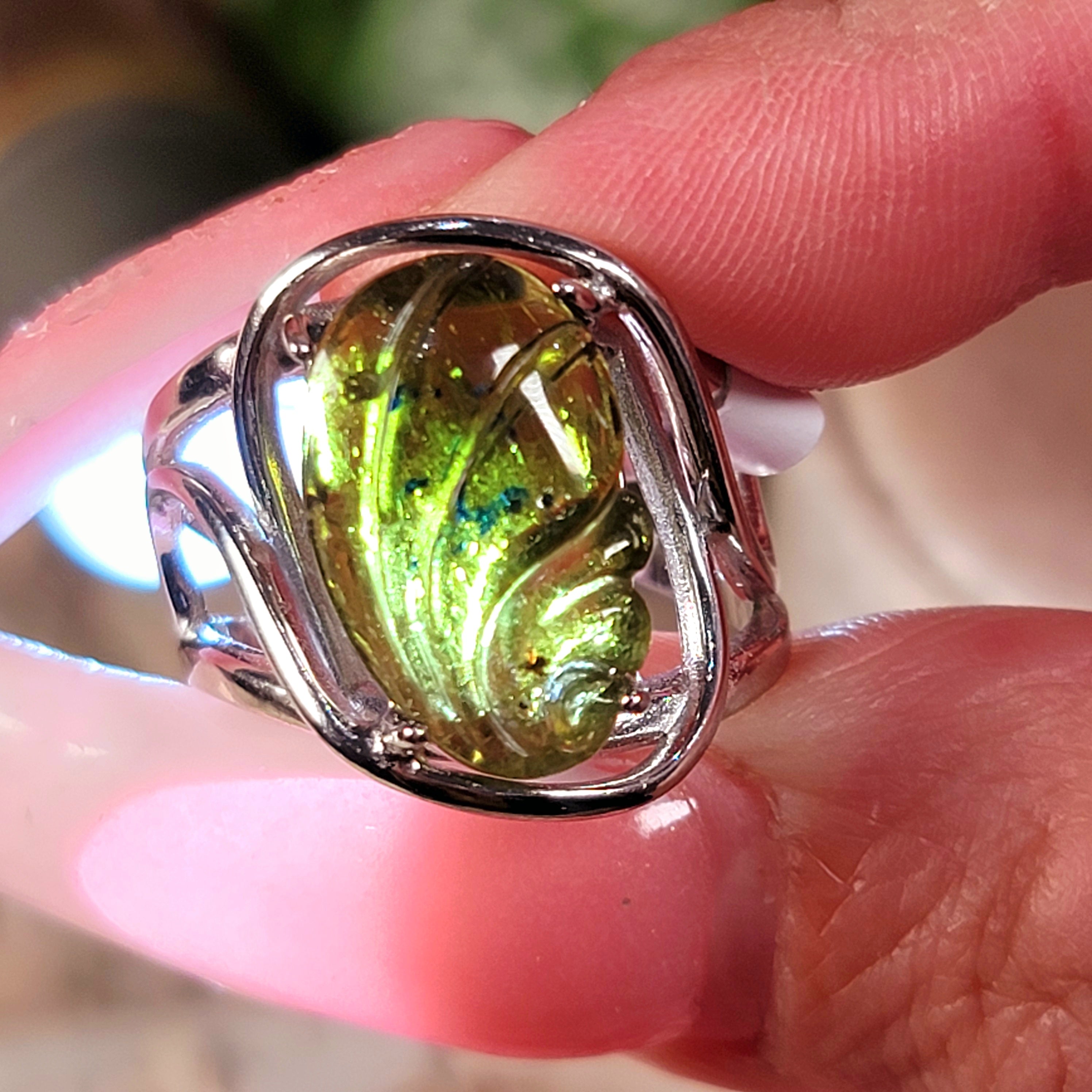 Green Tourmaline Carved Leaf Finger Bracelet Adjustable Ring for Healing, Joy and Love