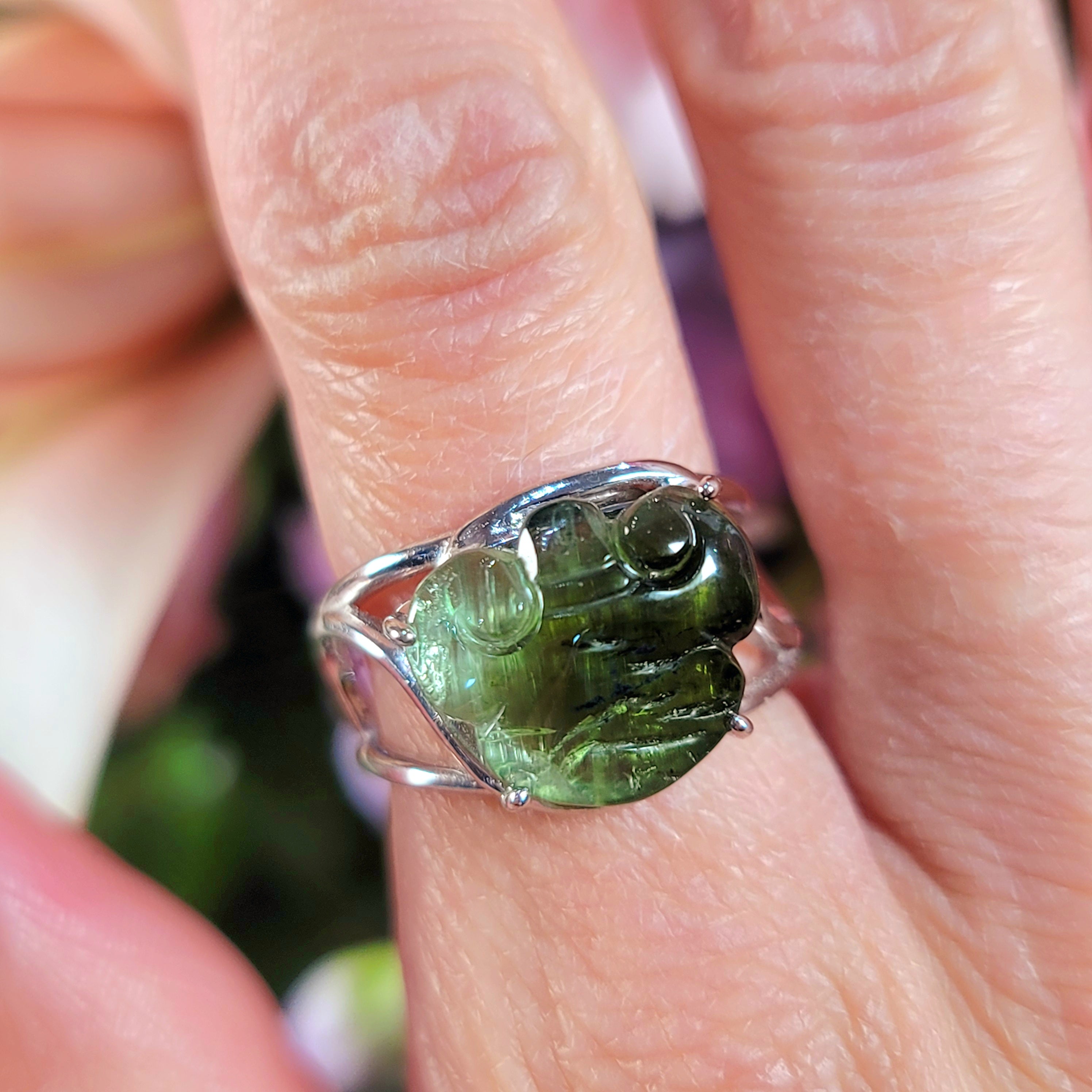 Green Tourmaline Carved Ruyi Finger Bracelet Adjustable Ring for Healing, Joy and Love