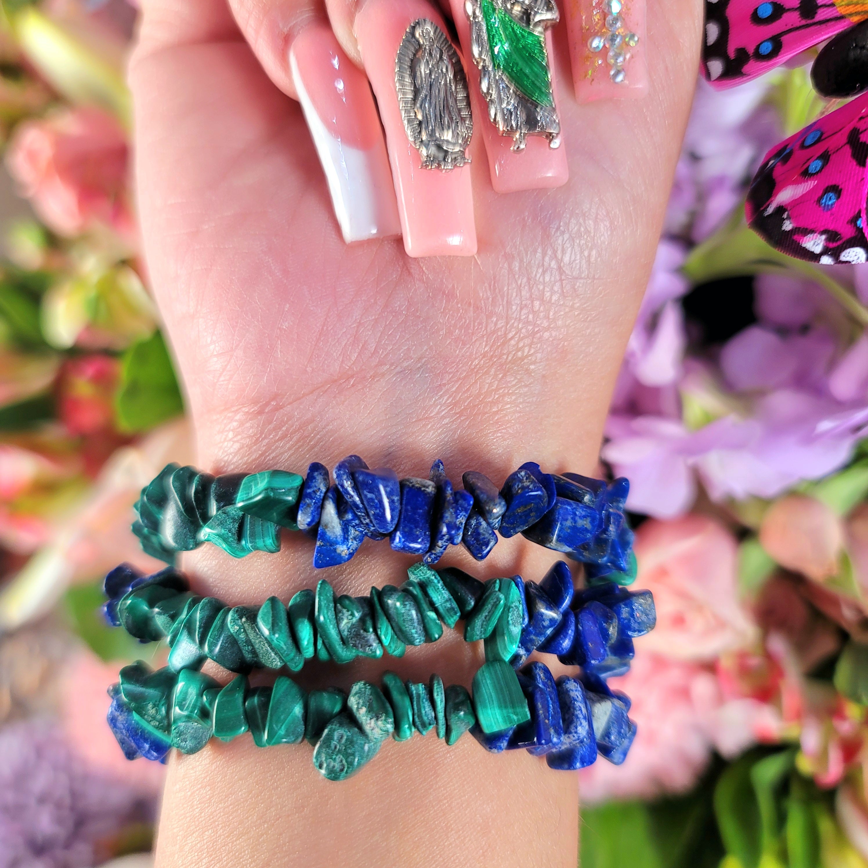 Malachite & Lapis Lazuli Chip Bracelet for Connection with Higher Goddess and Clear Mind and Protection